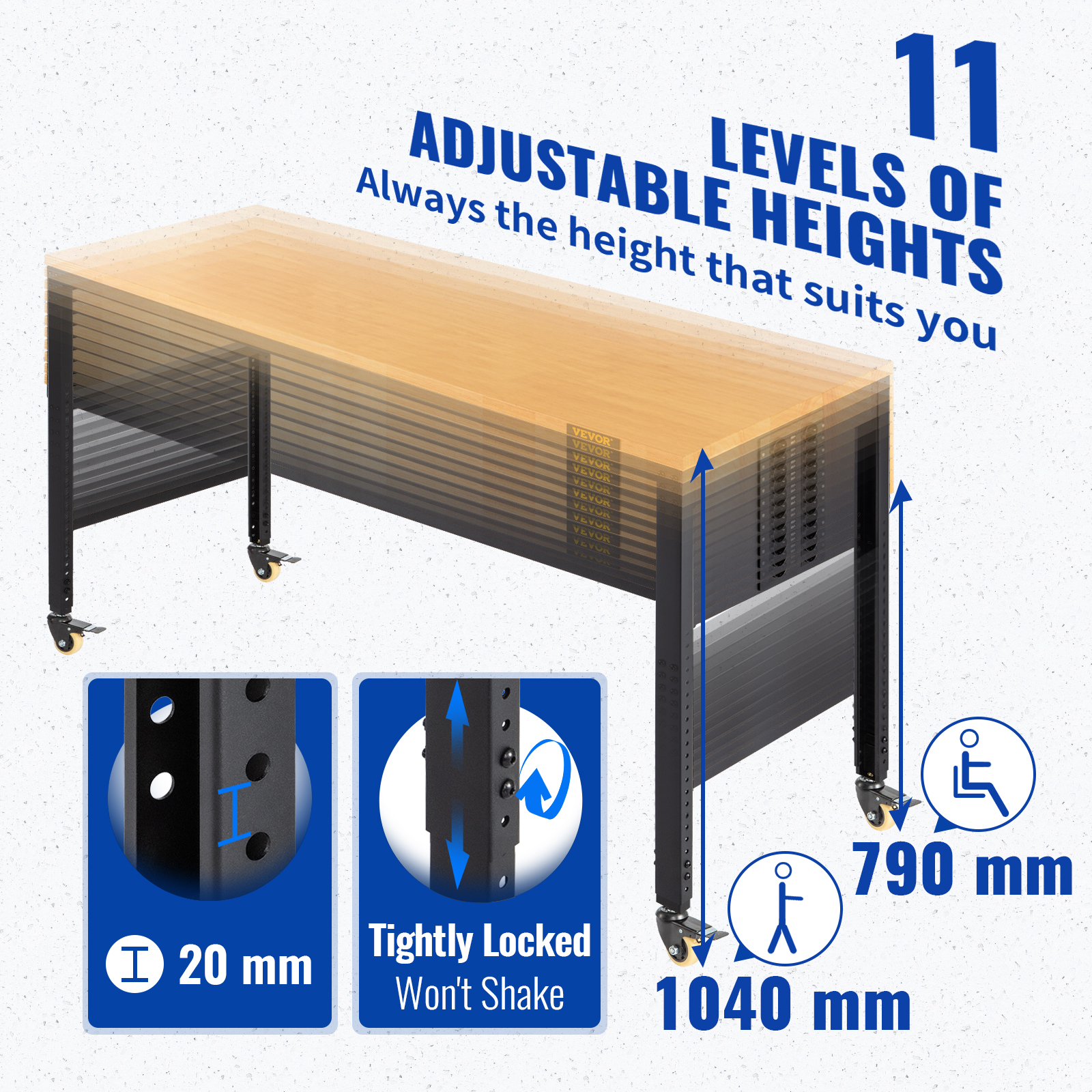 Mesa ajustable con 11 alturas, grosor 20mm, altura ajustable 790-1040mm.