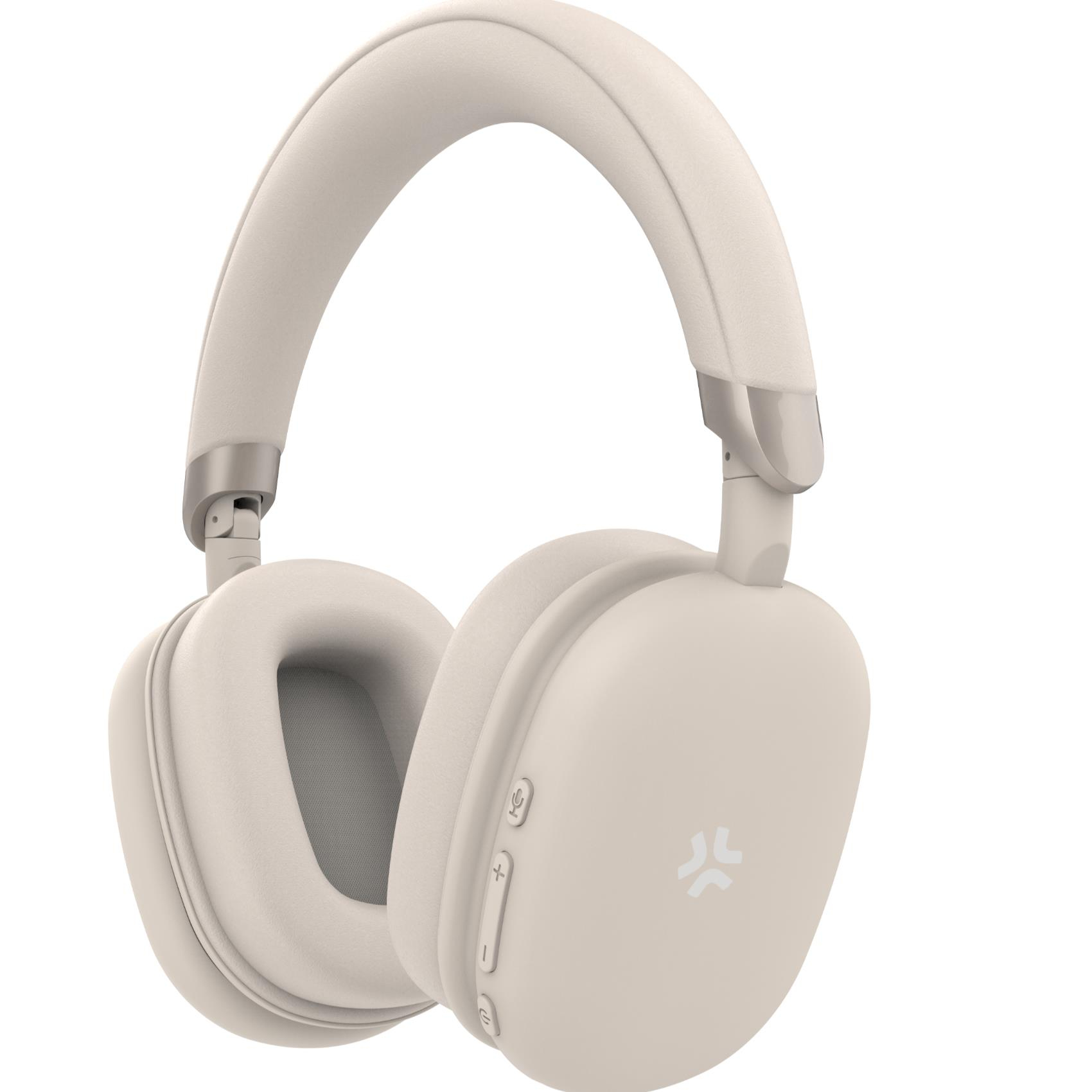 Auriculares beige con diadema y almohadillas acolchadas, fondo blanco.