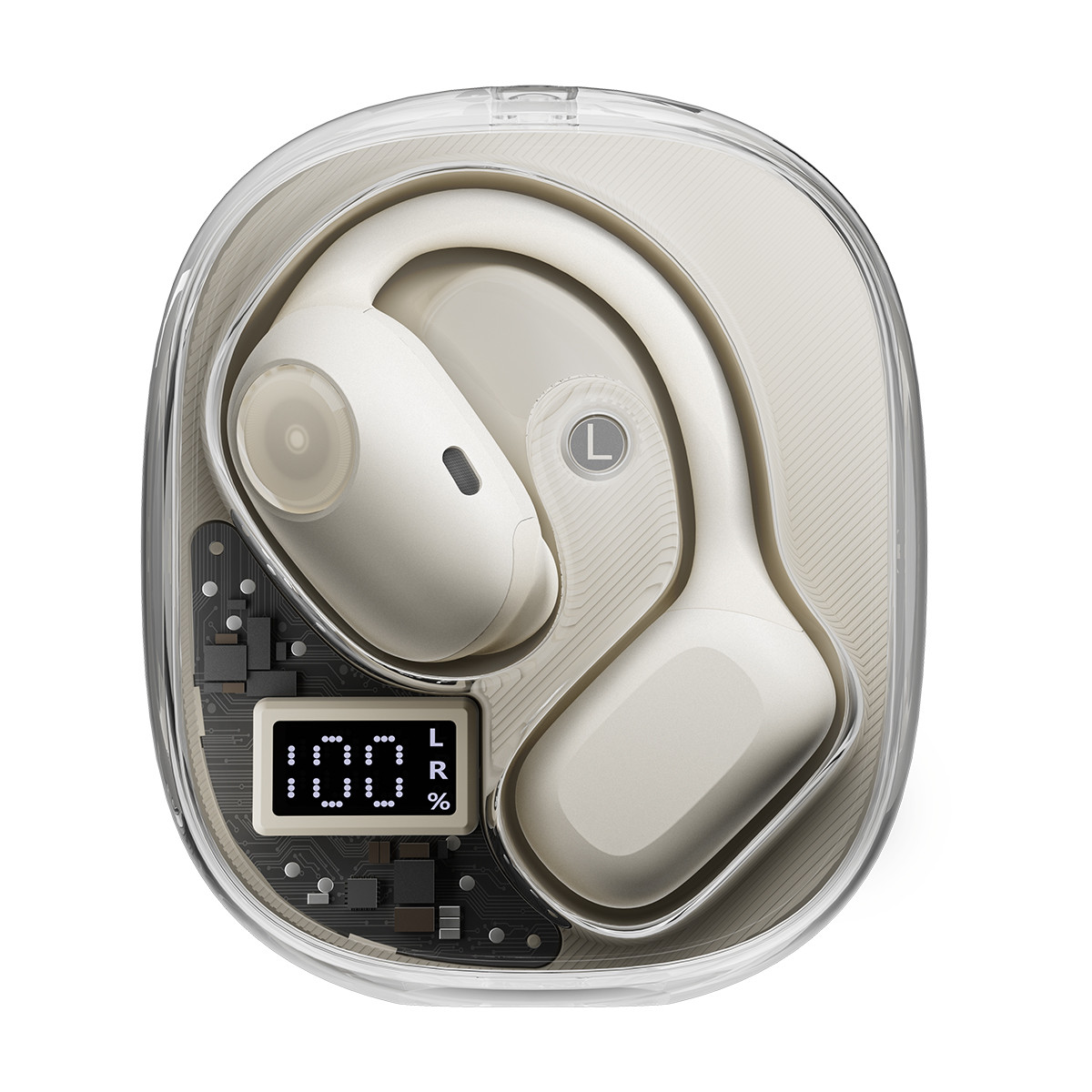 Auricolari bianchi in custodia trasparente con display digitale.