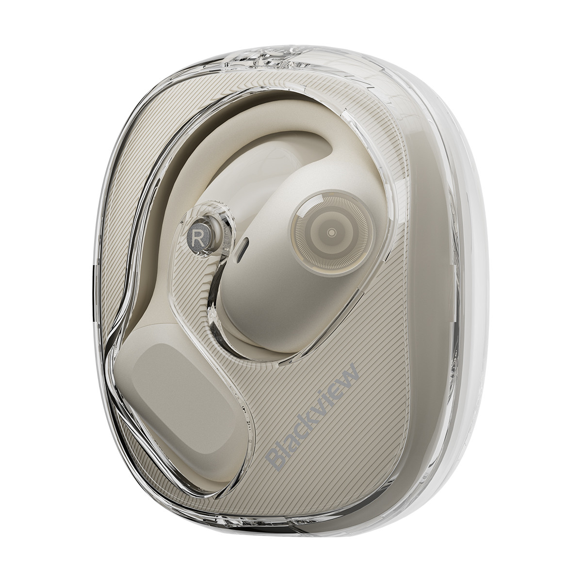 Auricolari wireless bianchi in una custodia trasparente con logo Blackview.