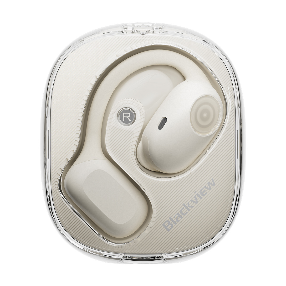 Auricolari wireless bianchi in una custodia di ricarica trasparente con marchio R.