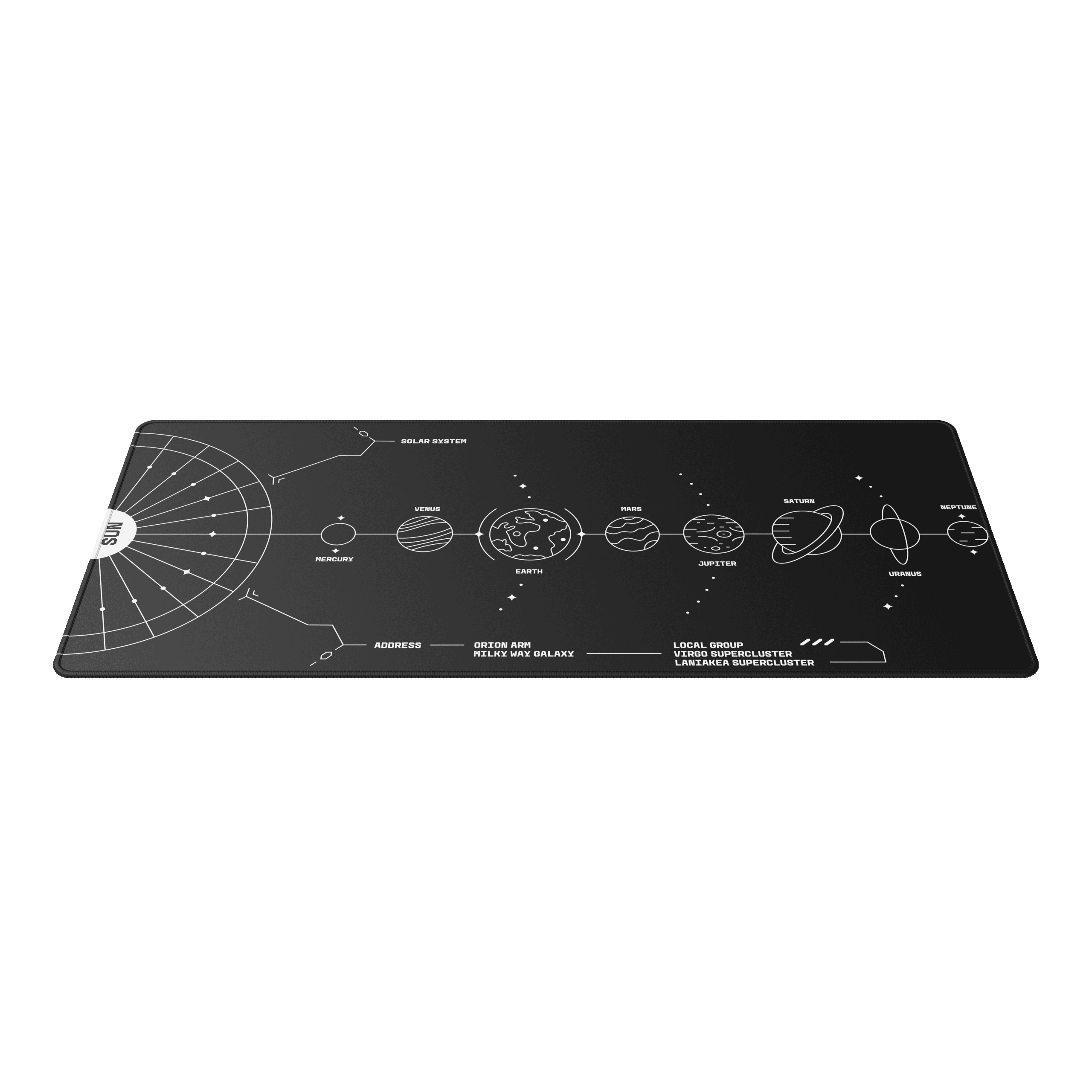 Illustration des Sonnensystems mit Sonne und Planeten auf schwarzem Hintergrund.