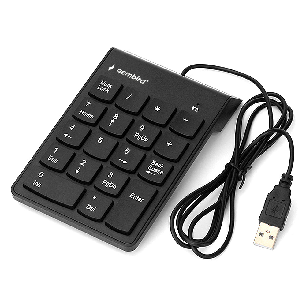 Un pavé numérique Gembird noir avec câble USB repose sur fond blanc.