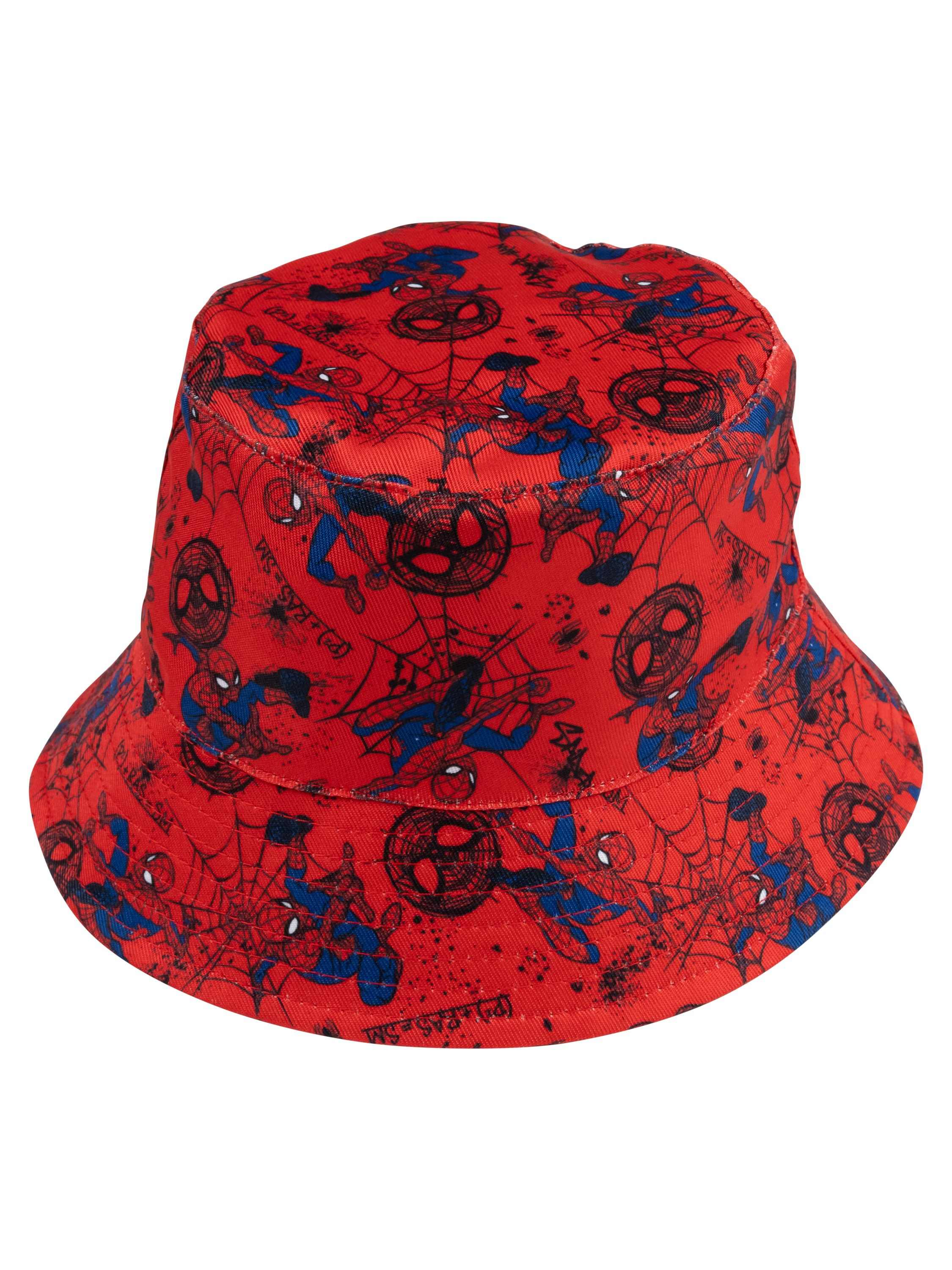 Roter Eimerhut mit Spider-Man-Muster und Spinnennetzen.
