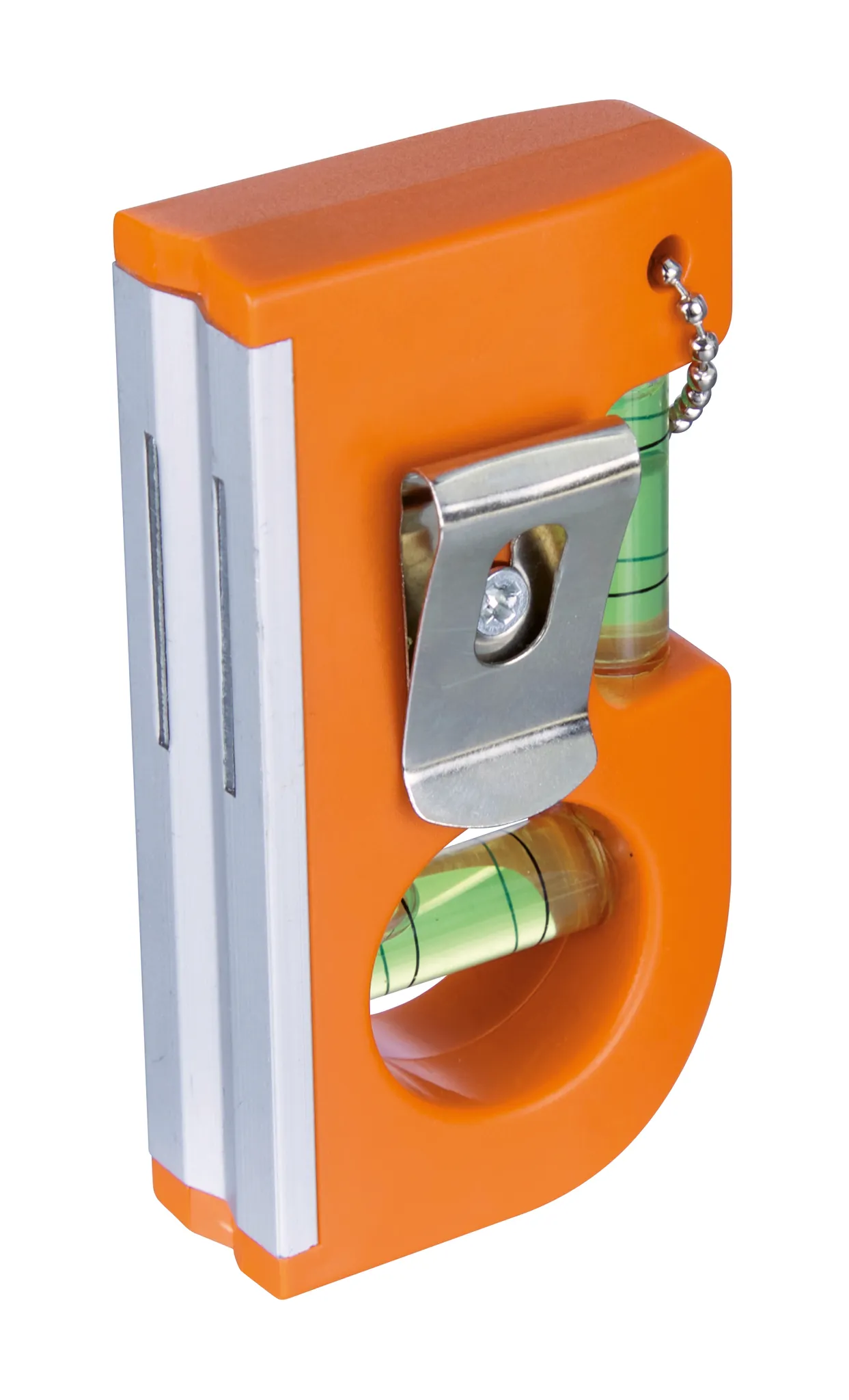 Orange Wasserwaage mit silbernem Clip und Kette.