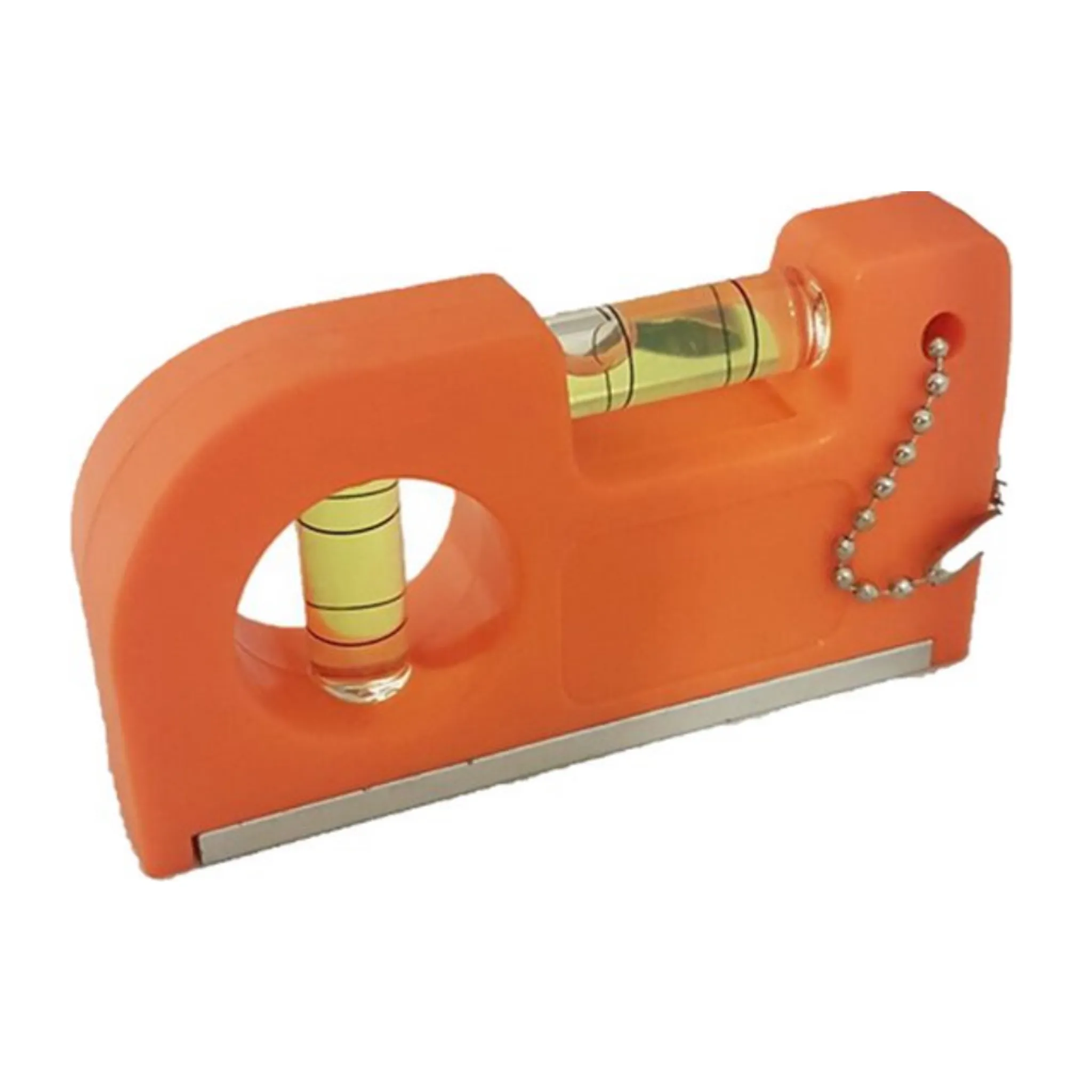Orange Wasserwaage mit silbernem Metallboden und Schlüsselkette.