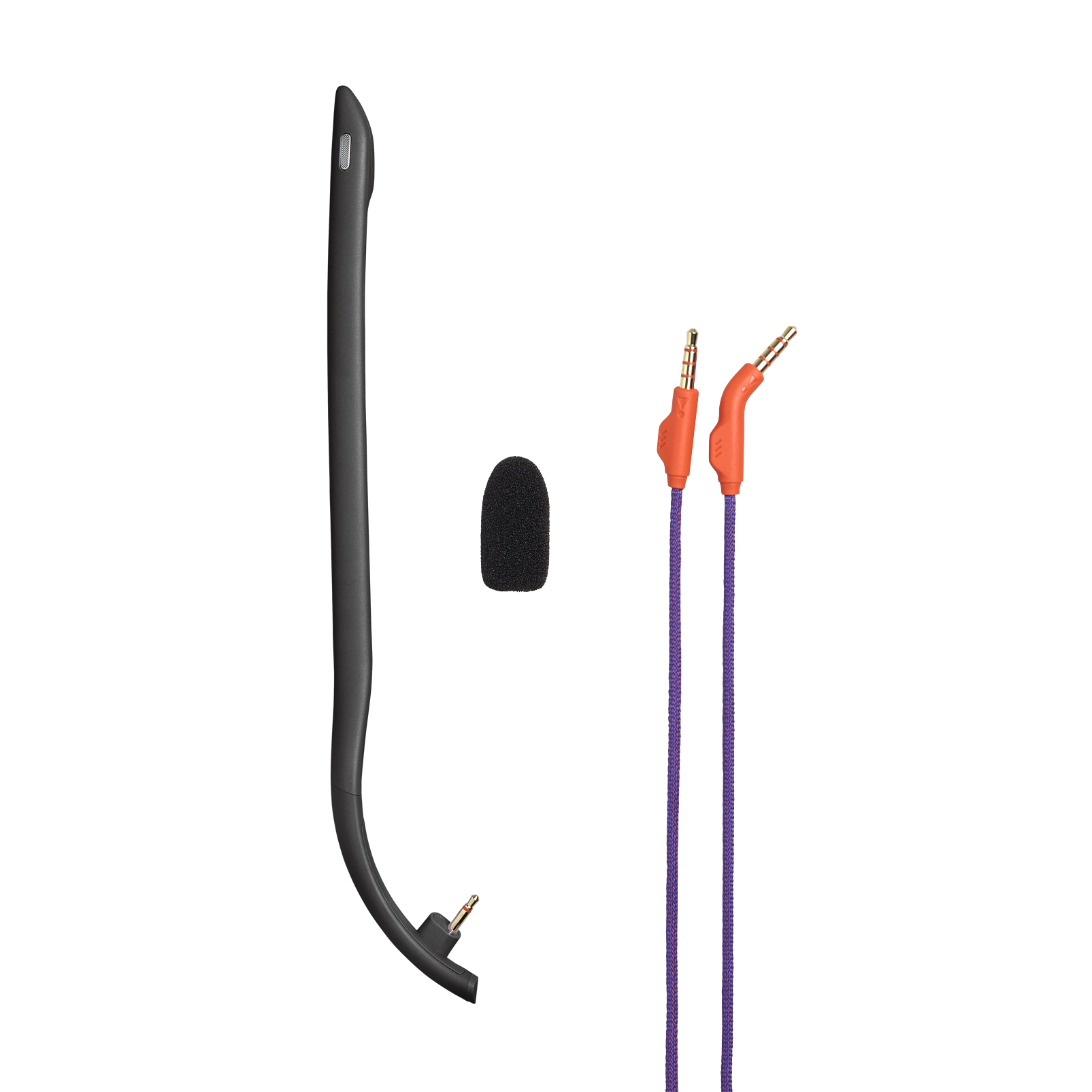Czarny wysięgnik mikrofonu, czarna osłona piankowa i dwa kable z pomarańczowymi złączami.