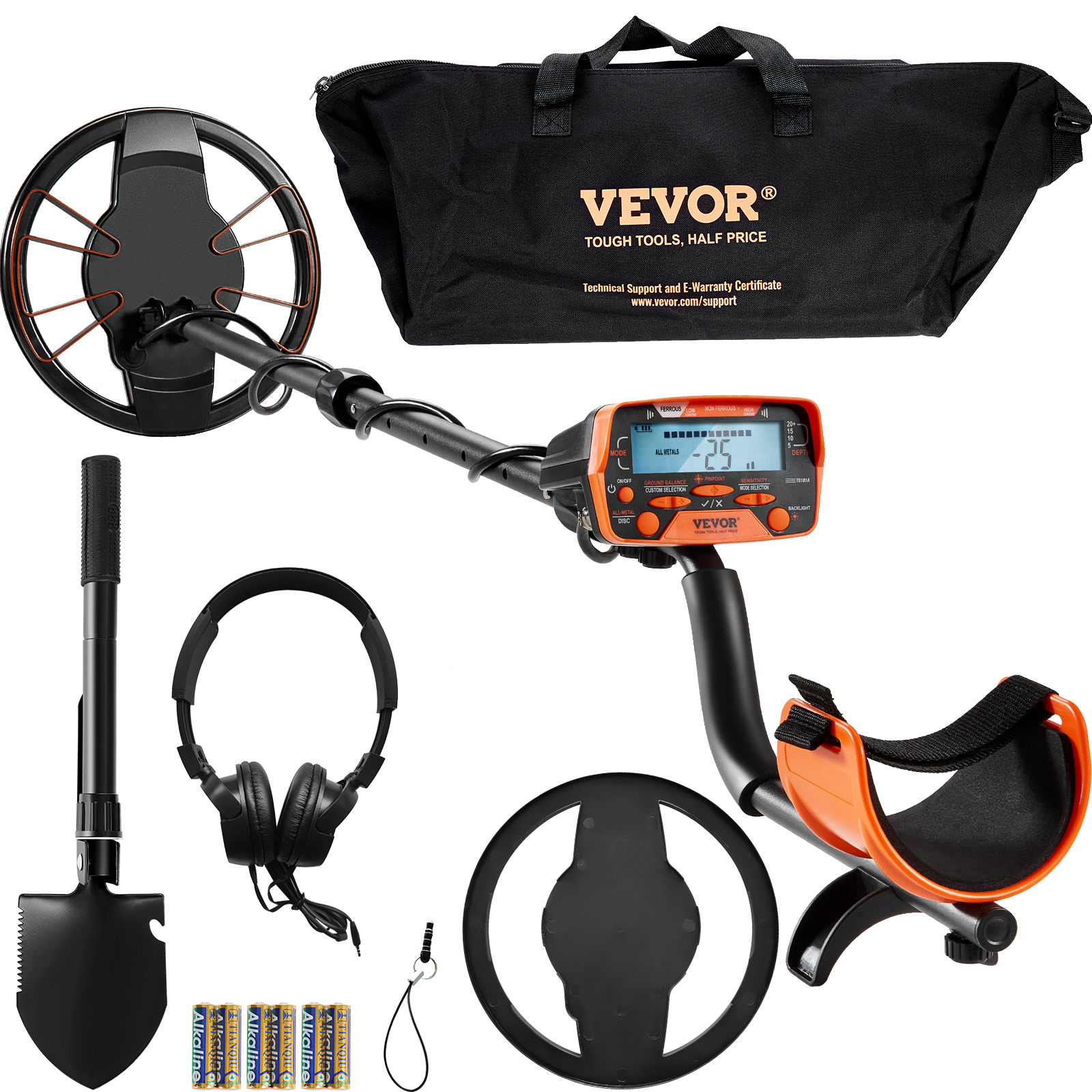Un set de detector de metales incluye bobina, auriculares, pala, pilas y bolsa.