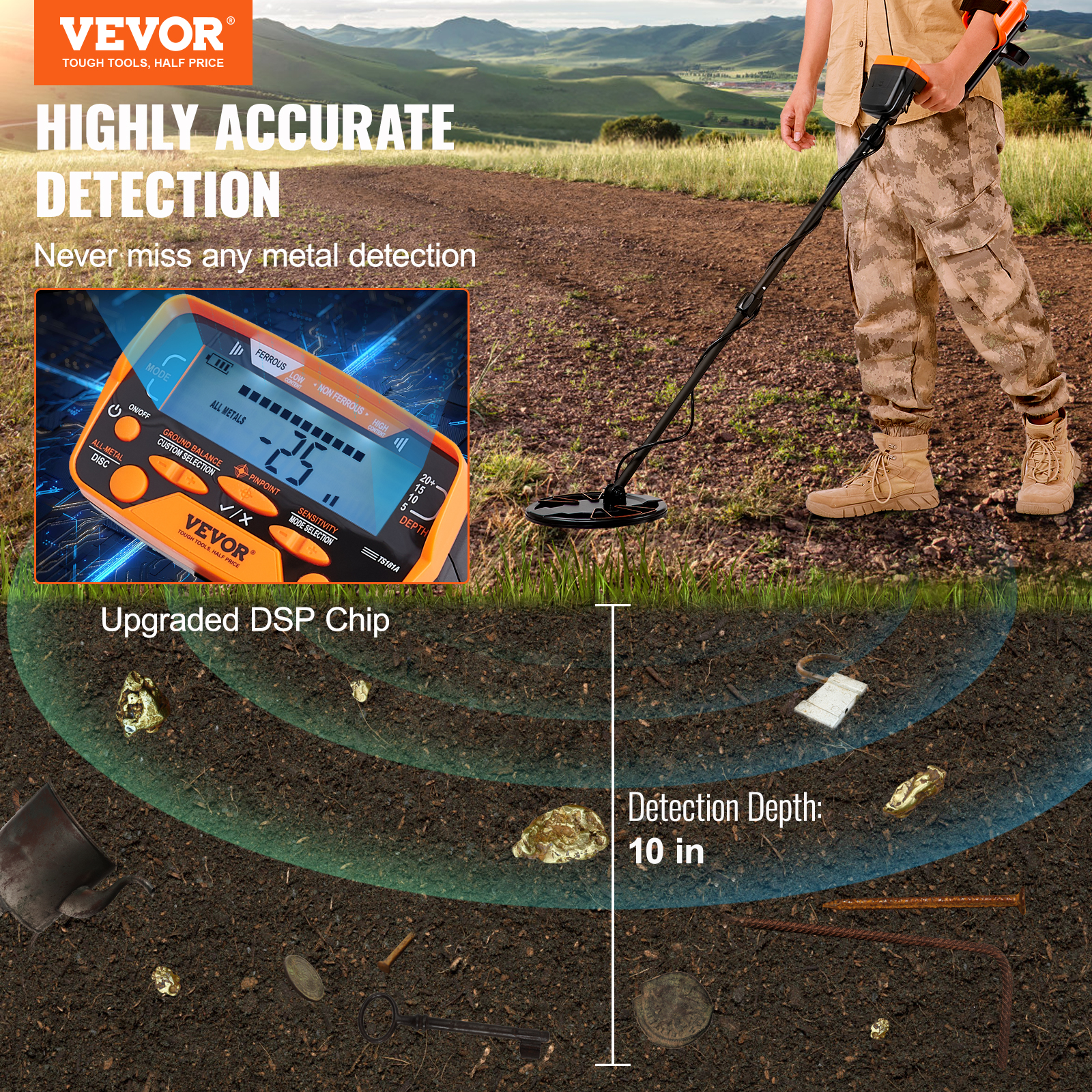 Hombre con detector de metales al aire libre, primer plano del dispositivo naranja y objetos enterrados debajo.