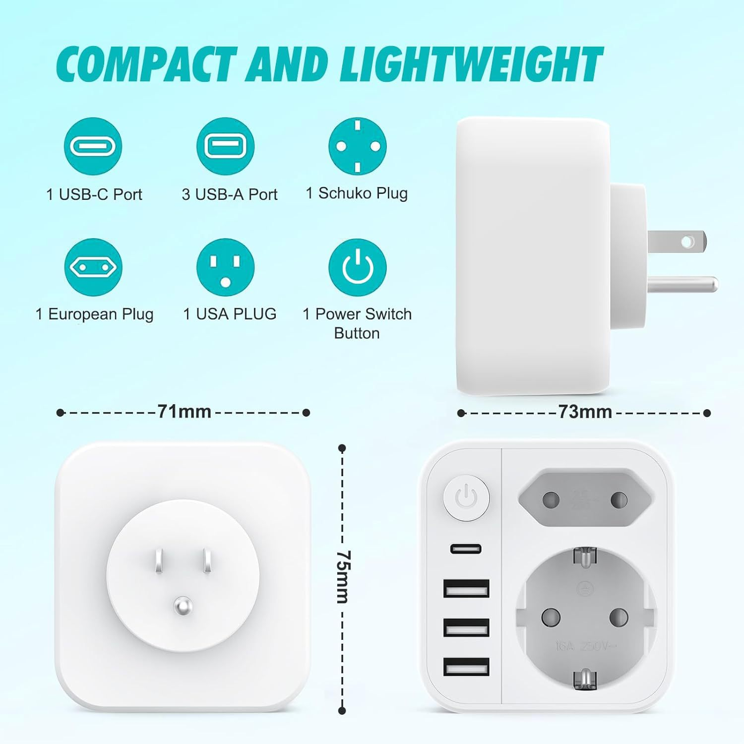 Kompakter Reiseadapter mit USB-C, USB-A, EU- und US-Steckern.