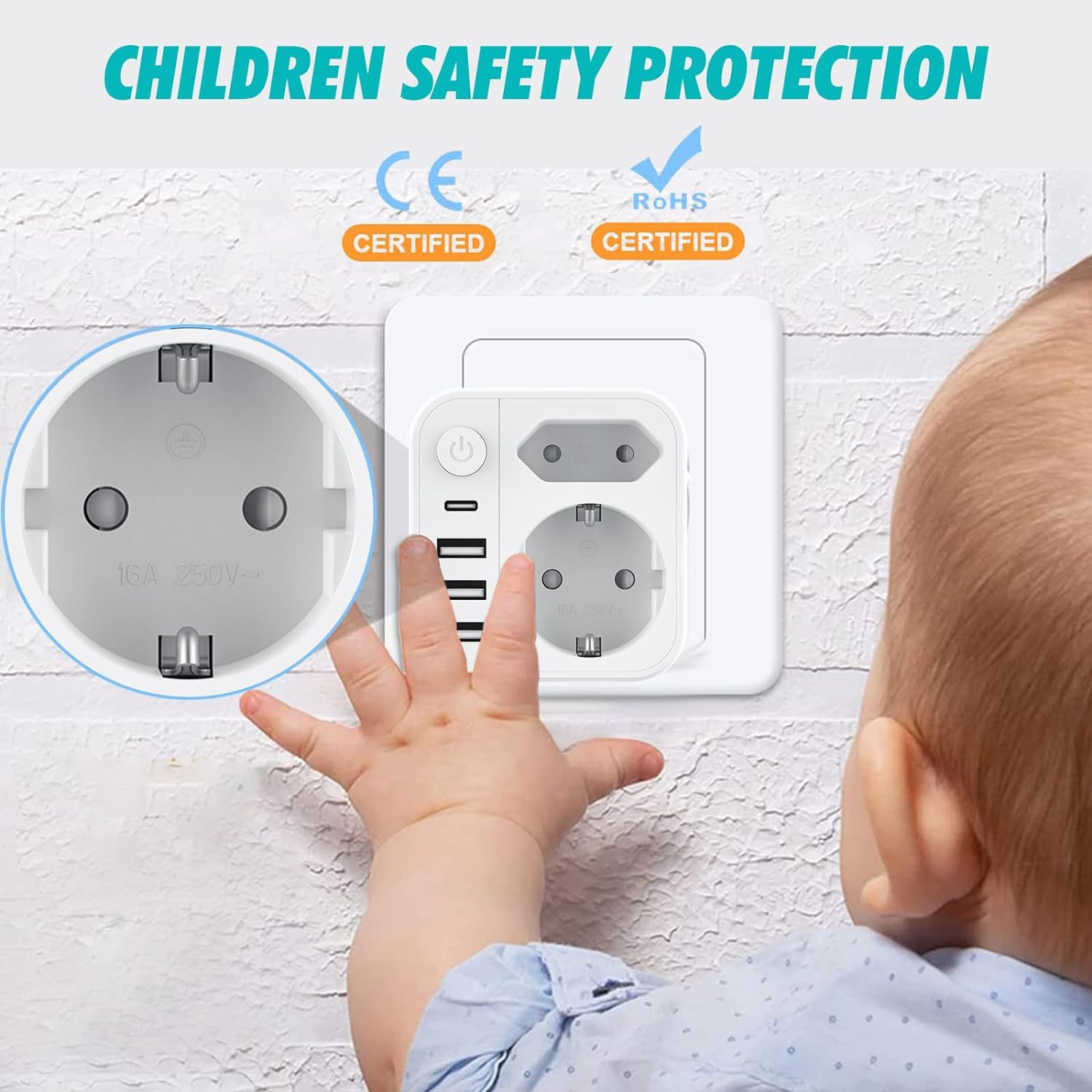 Babyhand nähert sich Steckdose mit CE- und RoHS-Zertifizierung.
