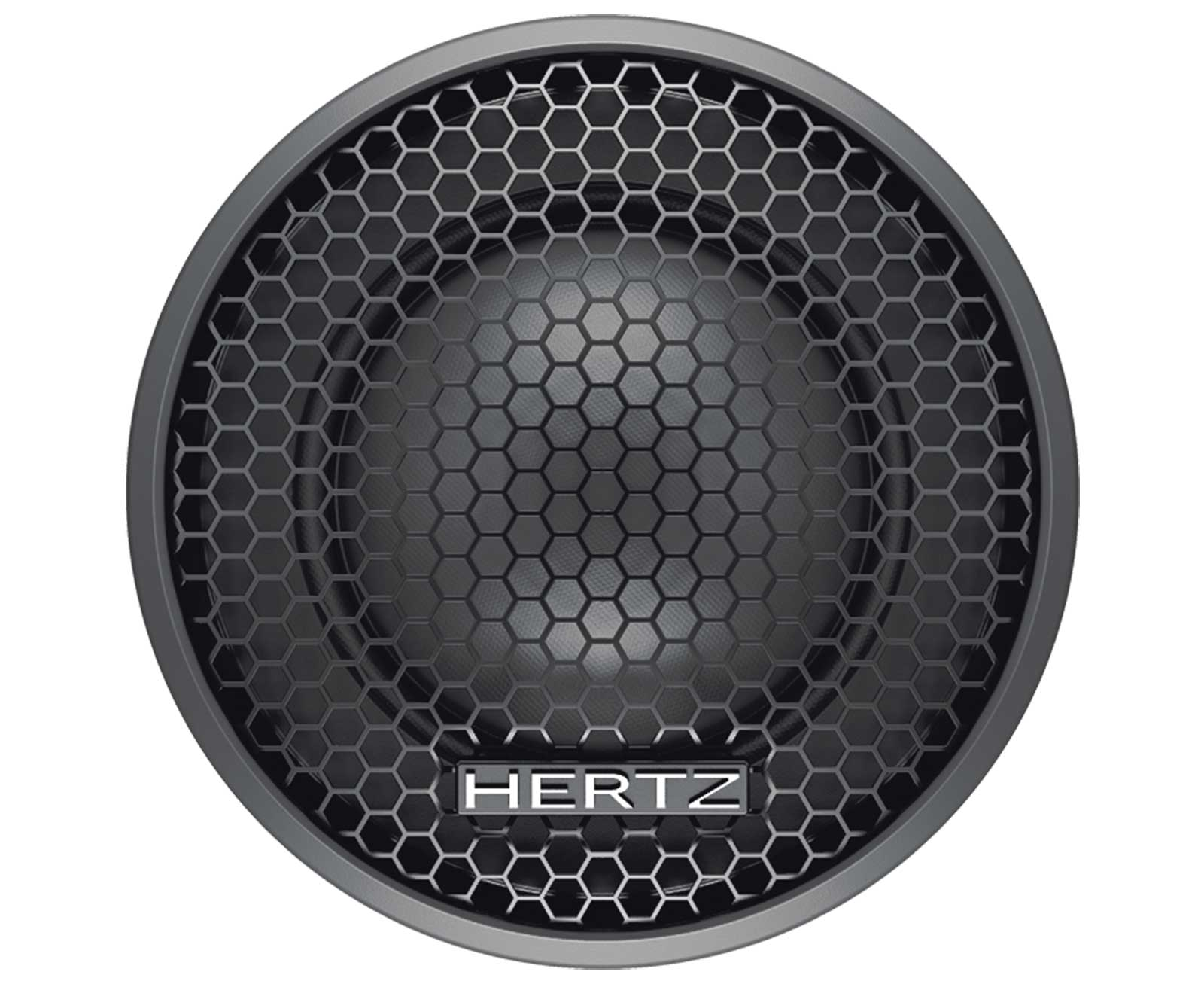 Schwarzer Lautsprecher mit sechseckigem Gitter und Hertz-Logo.