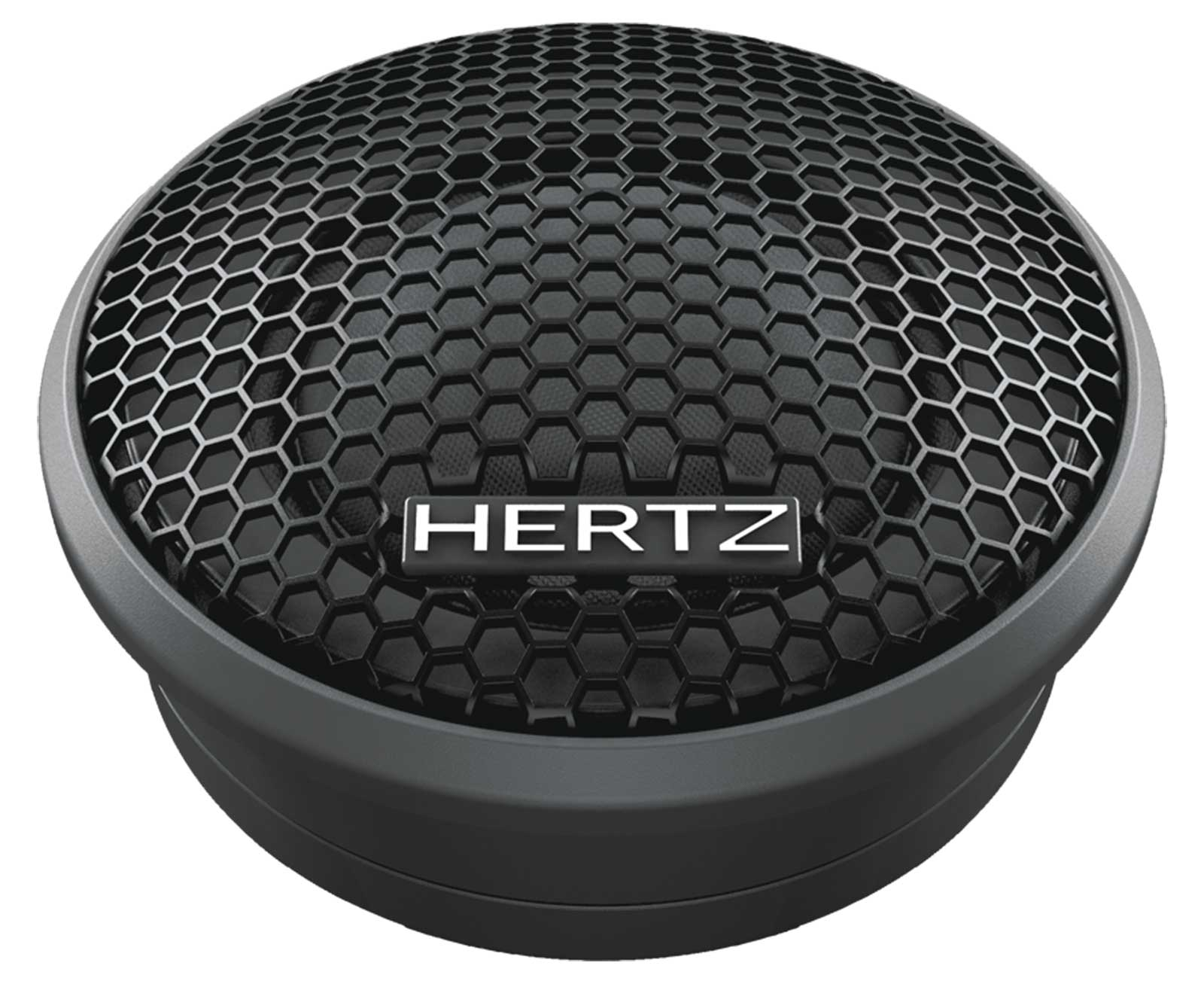 Ein schwarzer Lautsprecher mit einem sechseckigen Gitter und dem HERTZ-Logo.