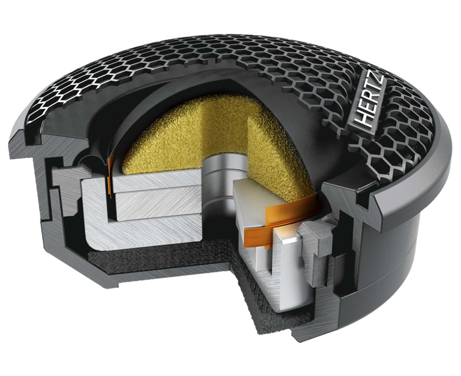Schnittansicht eines Lautsprechers mit Hertz-Logo, gelbem Schwingspulenmaterial.