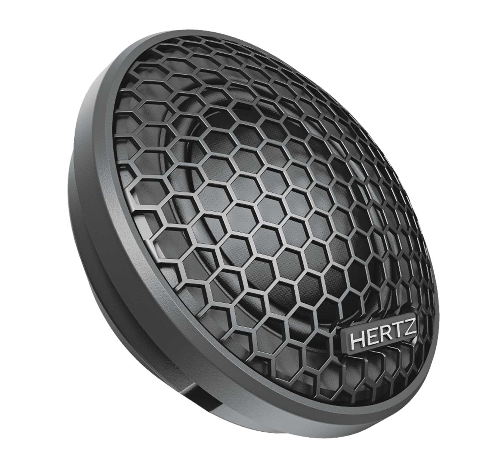 Ein schwarzer Hochtöner mit sechseckigem Gitter und dem Hertz-Logo.