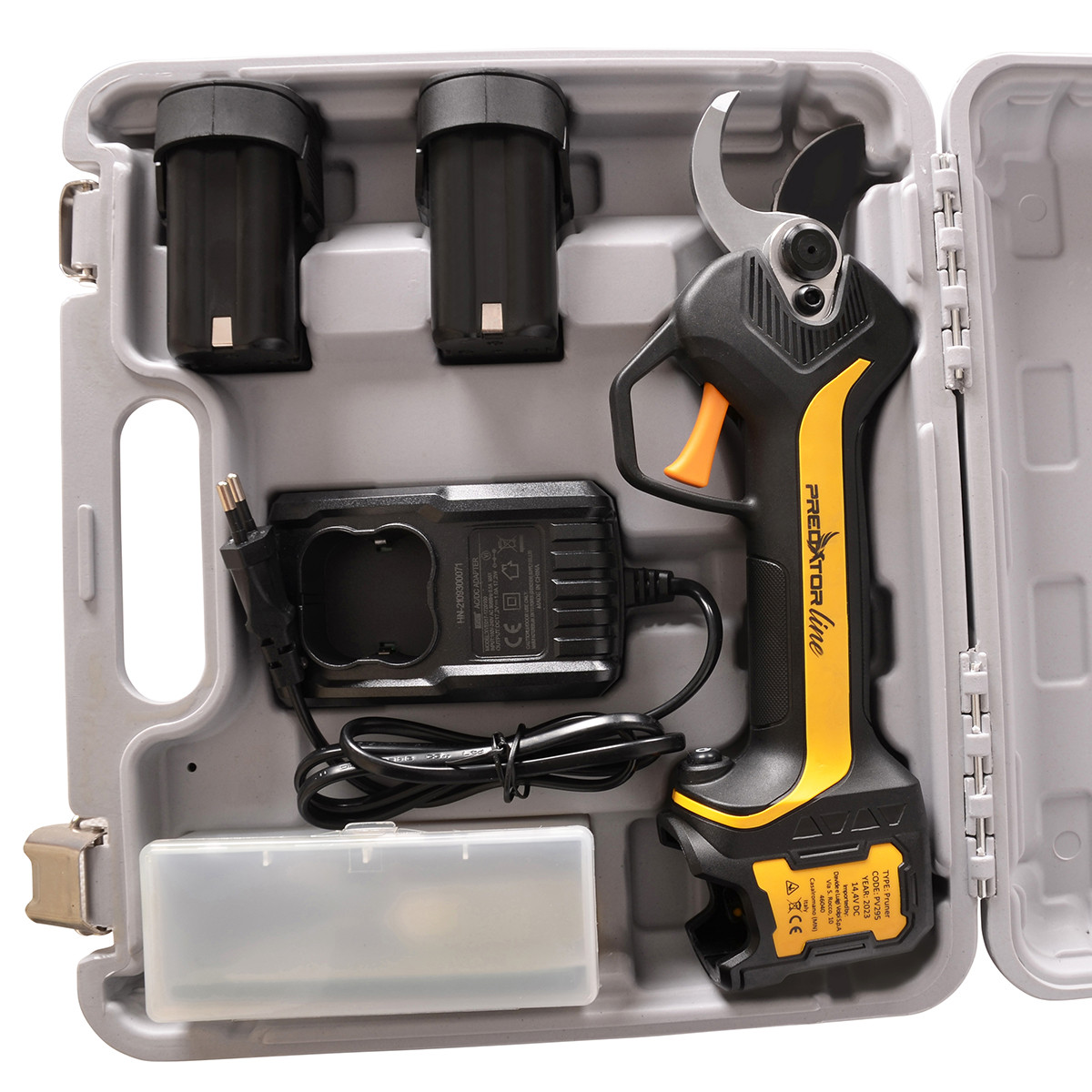 Nożyce do przycinania z dwoma akumulatorami, ładowarką i etui.