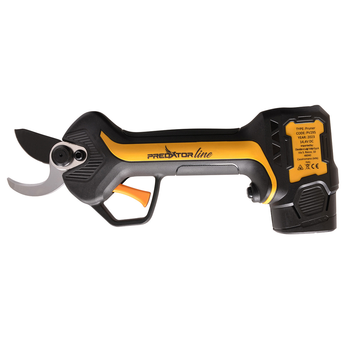 Czarno-żółta sekator elektryczny z srebrnymi ostrzami.