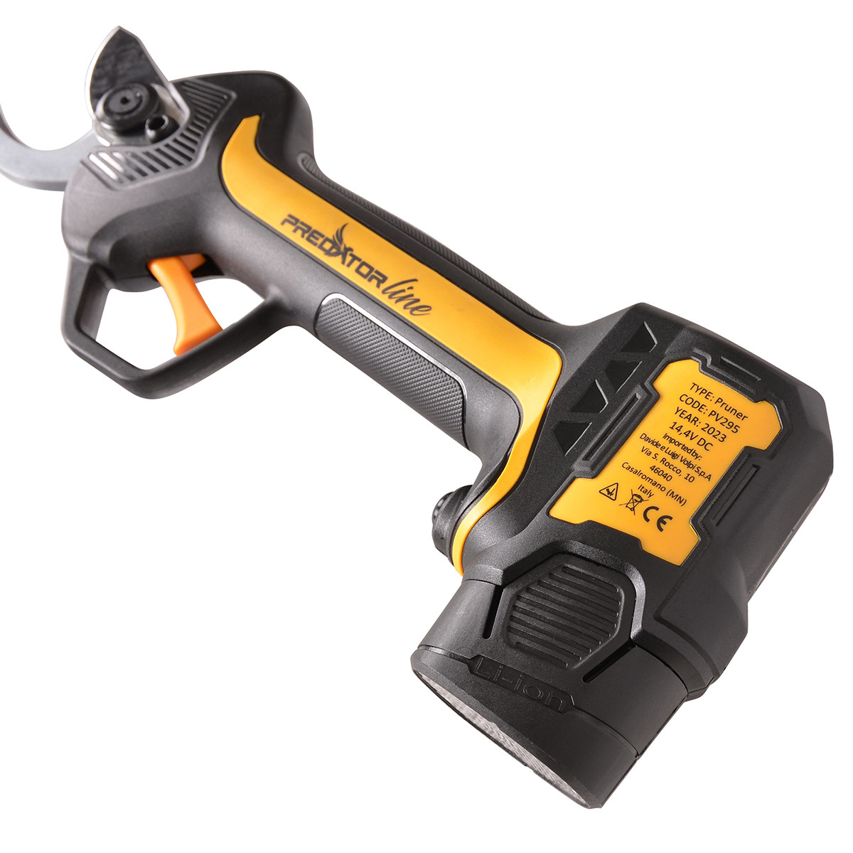 Czarno-żółte nożyce elektryczne z srebrnymi ostrzami i baterią Li-ion.