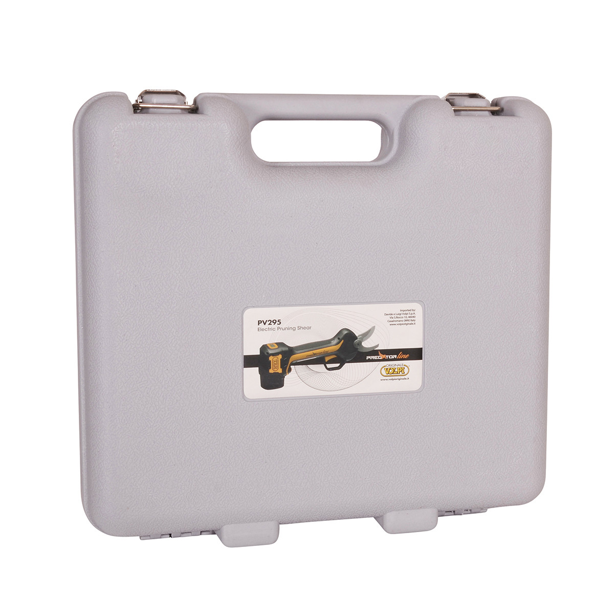 Szara walizka z naklejką przedstawiającą sekator elektryczny.