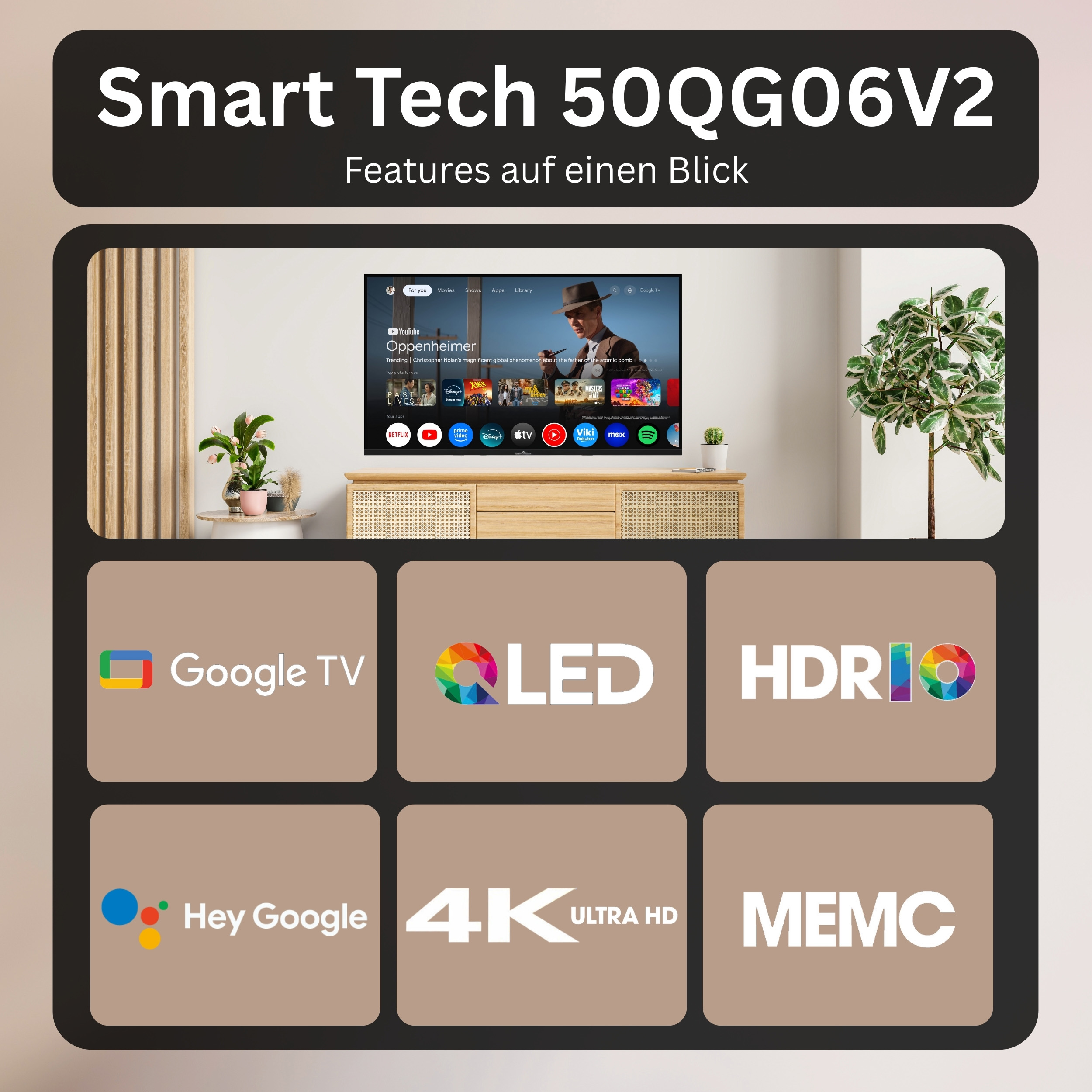 Smart TV mit Google TV, QLED, HDRiO, Hey Google, 4K Ultra HD und MEMC.