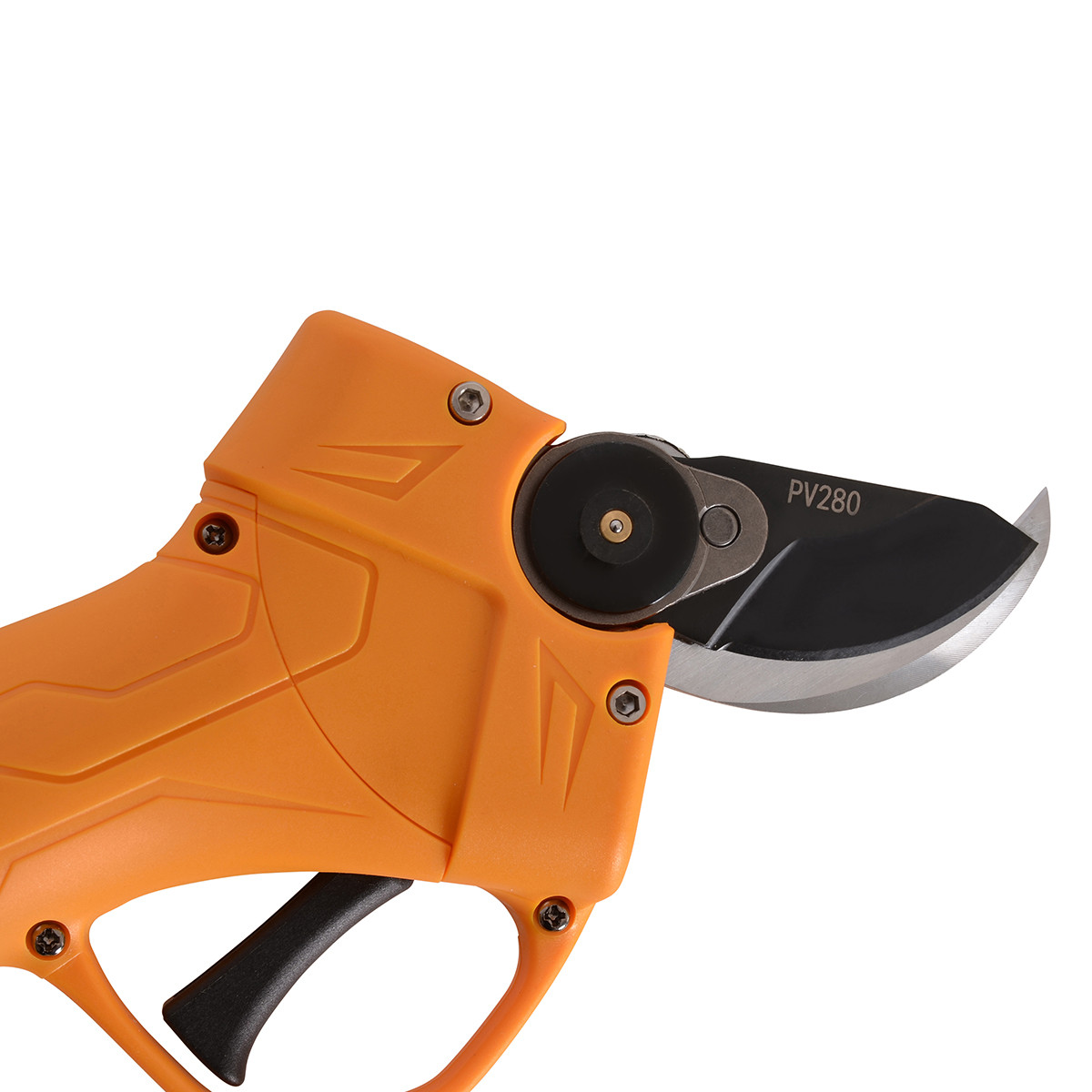 Pomarańczowe nożyce ogrodowe z czarnym ostrzem z oznaczeniem PV280.