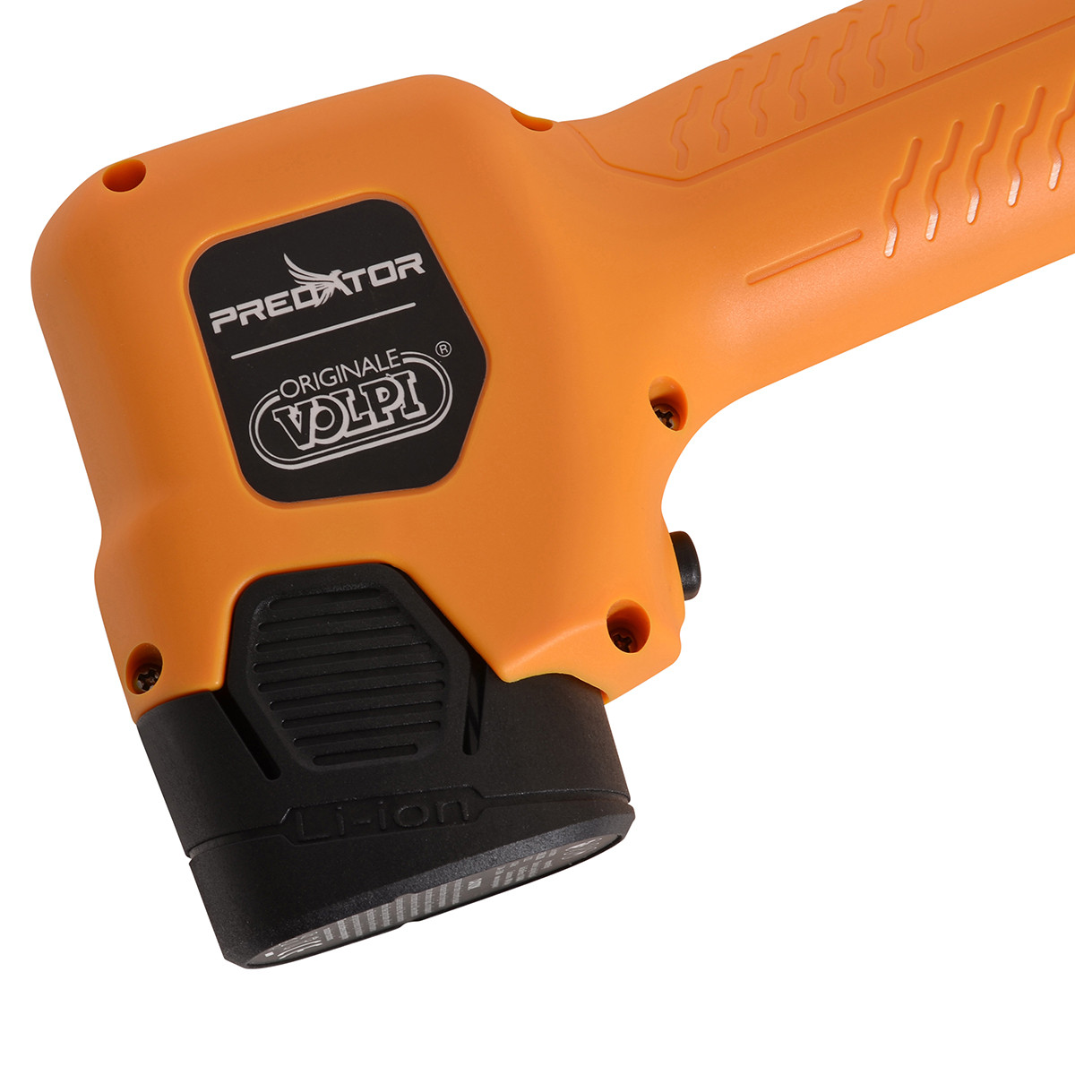 Pomarańczowy uchwyt Volpi Predator z czarnym elementem i napisem Li-Ion.