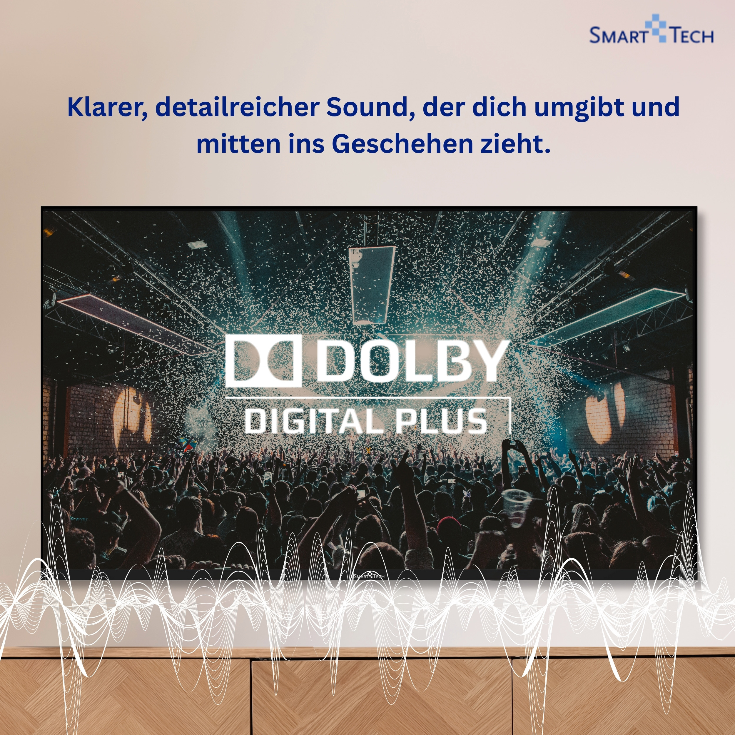 Eine Menschenmenge feiert, Konfetti fällt, Dolby Digital Plus Logo.