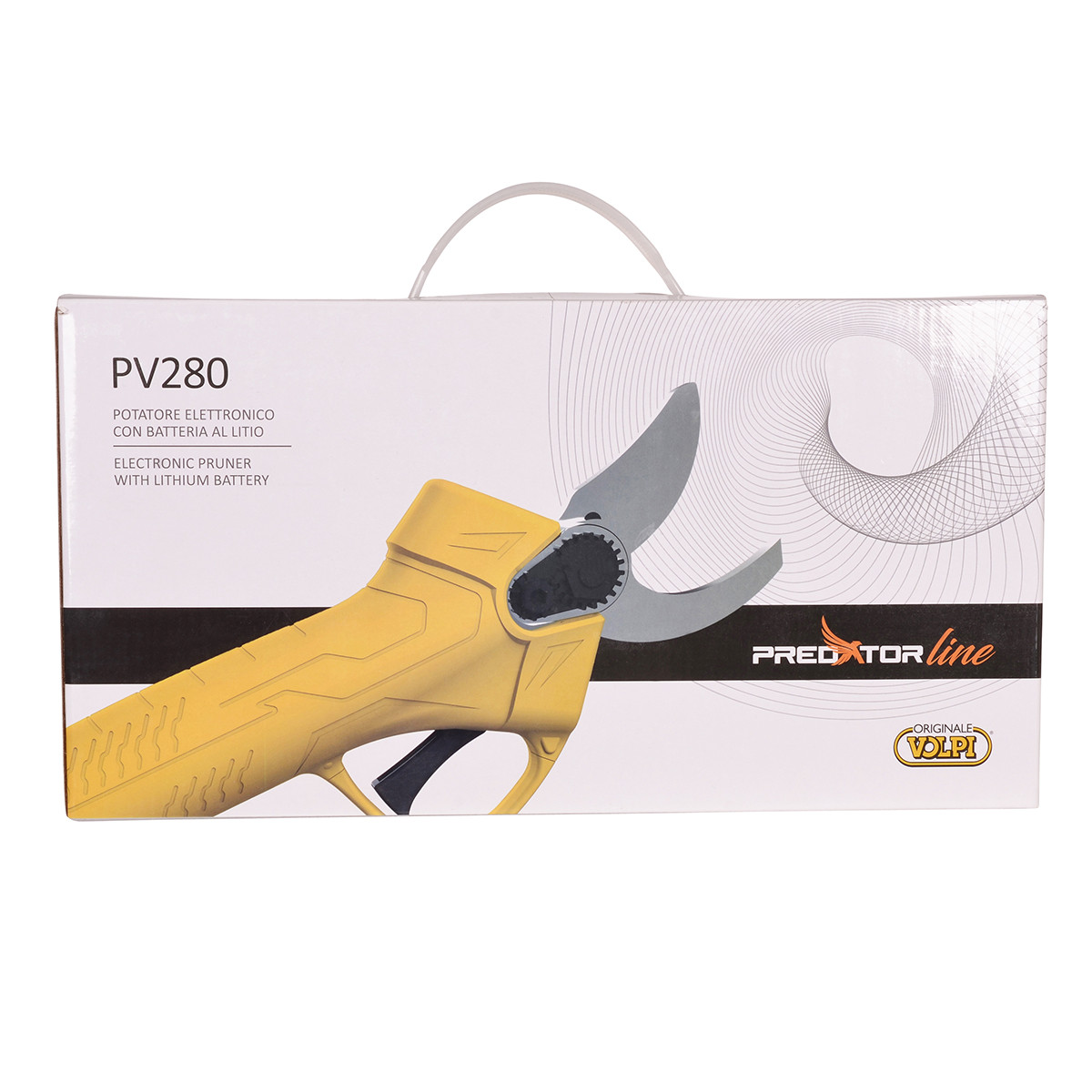 Pudełko żółtej sekatora elektronicznego PV280 z baterią litową, Predator line.