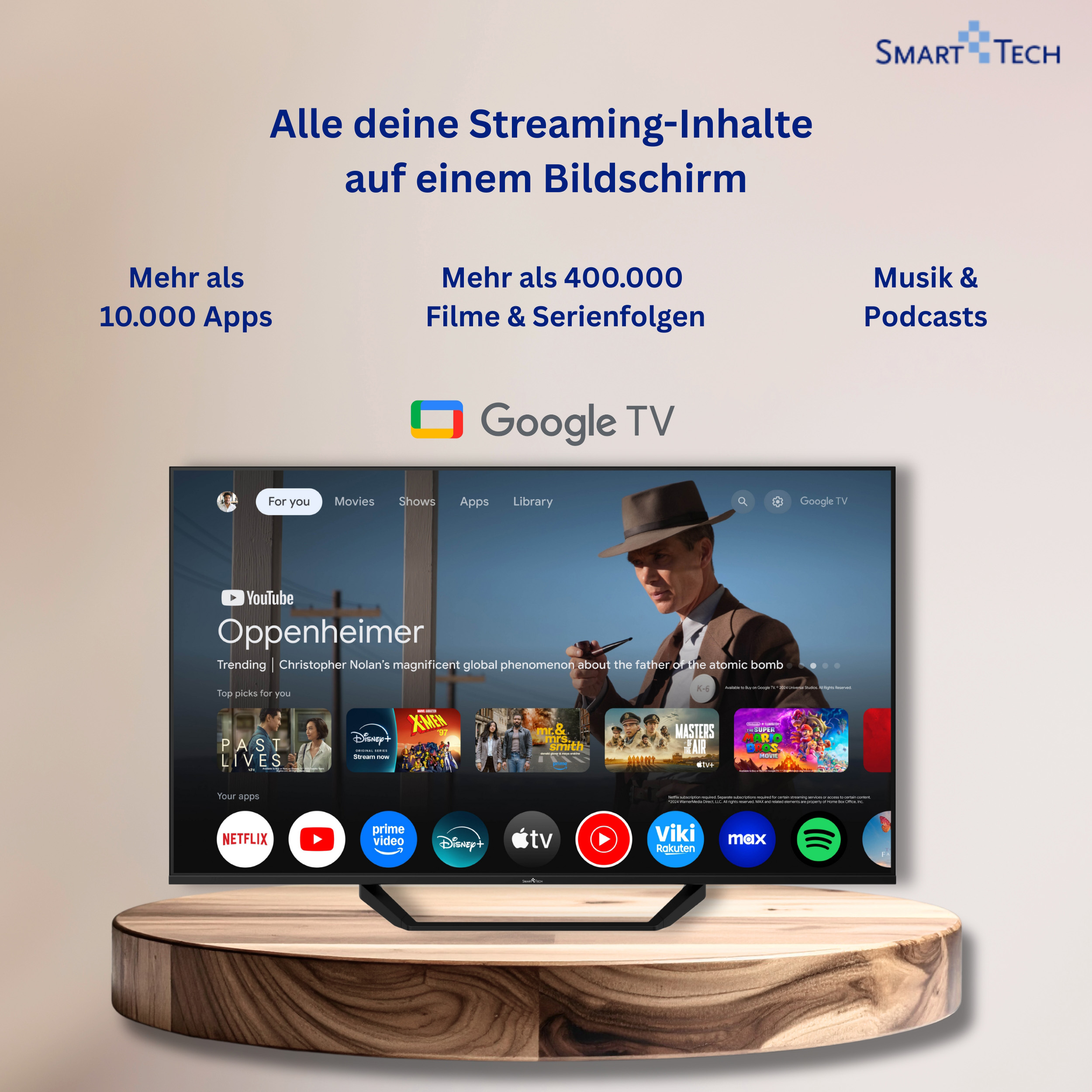 Ein Smart TV mit Google TV-Oberfläche zeigt Filme wie Oppenheimer und diverse Apps.