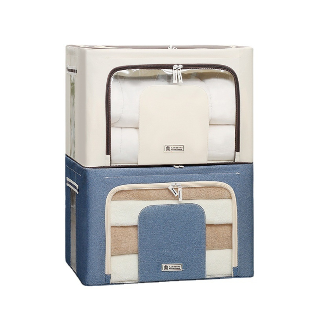 Zwei Stoffaufbewahrungsboxen, eine blau, eine cremefarben, mit Fenstern und Reißverschlüssen.