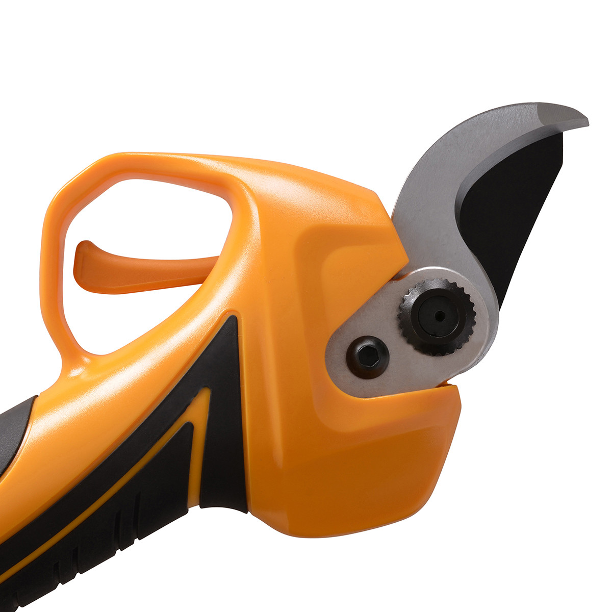 Zbliżenie pomarańczowych nożyc ogrodniczych z czarnymi akcentami i metalowymi ostrzami.
