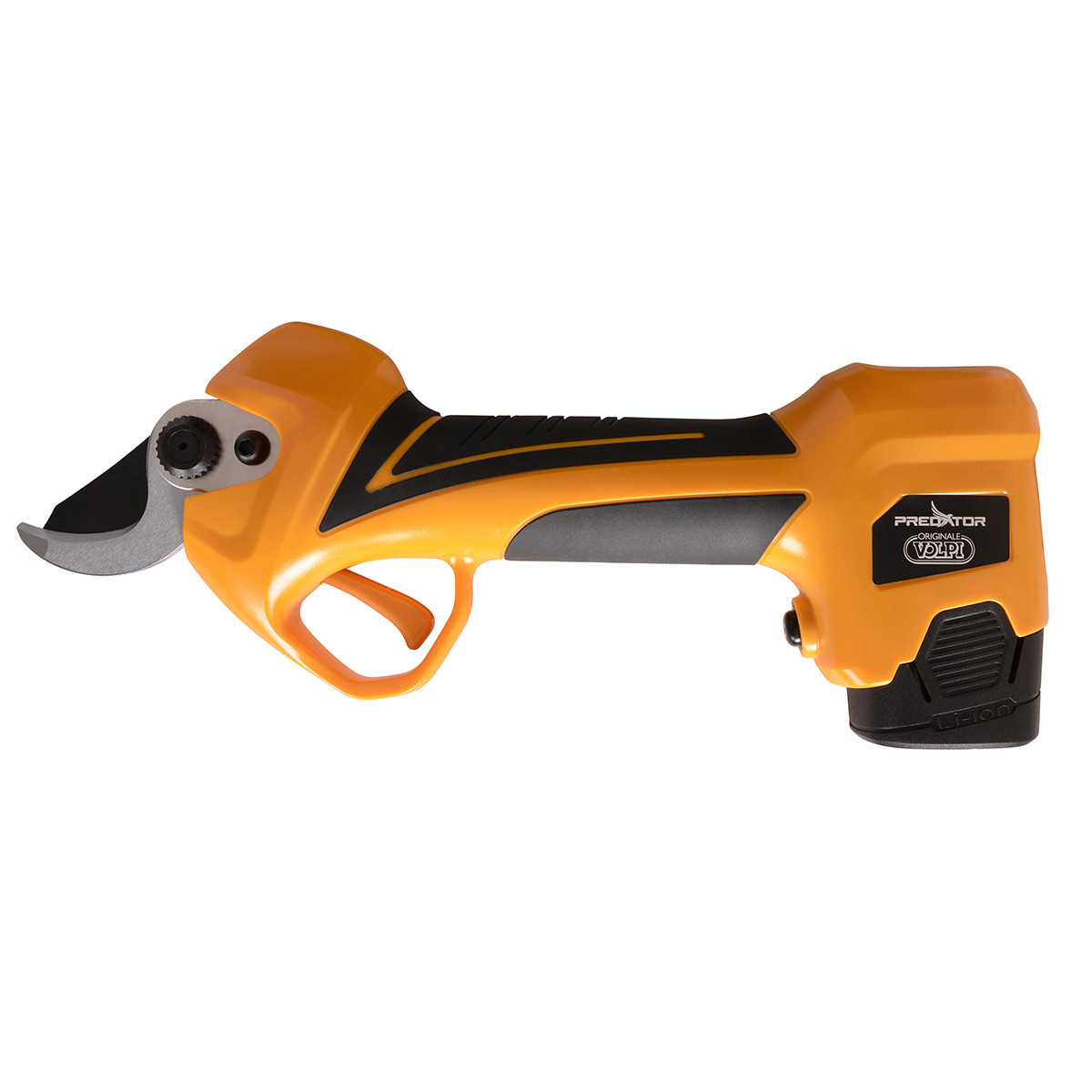 Pomarańczowe elektryczne nożyce do przycinania z czarnym uchwytem.