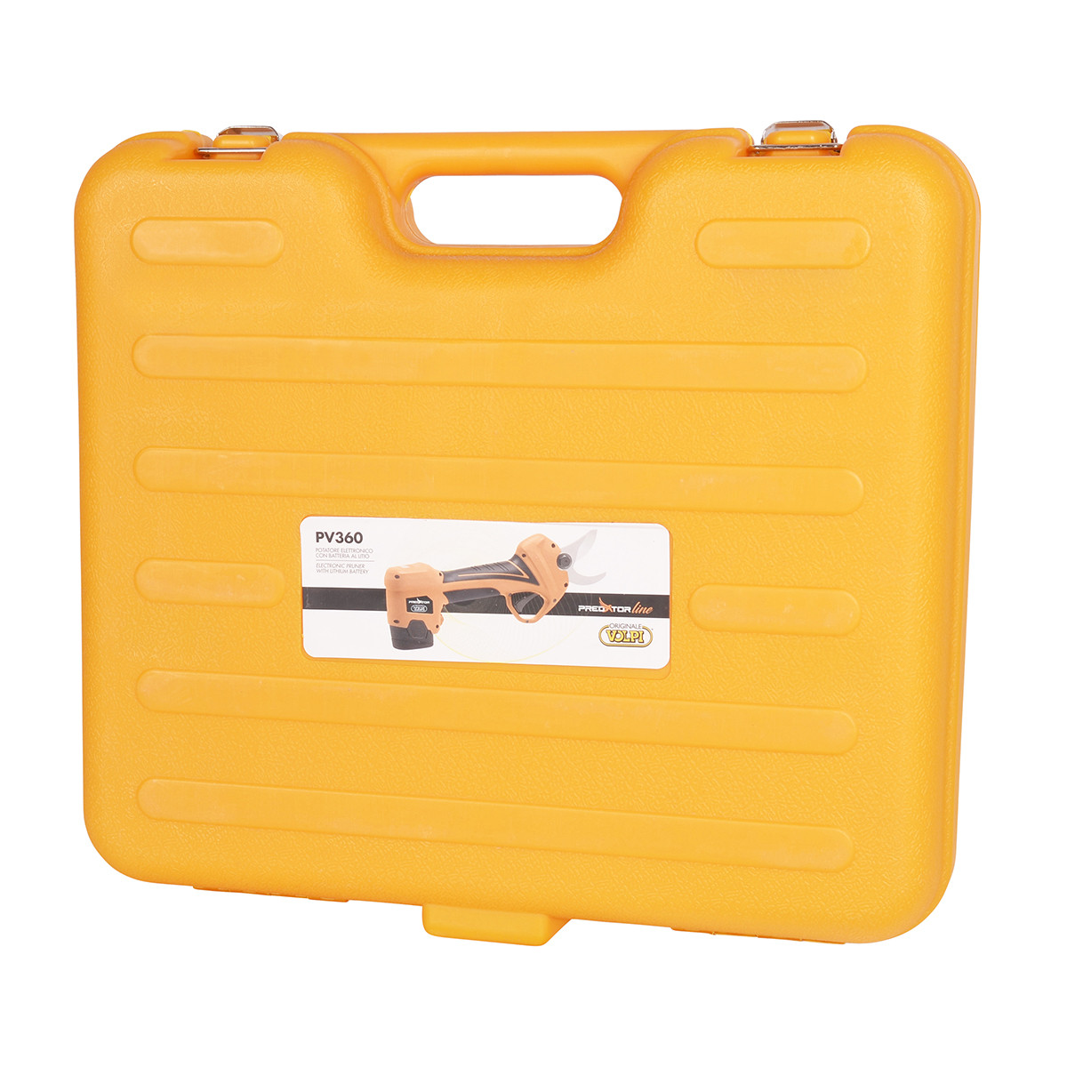 Żółta walizka z naklejką pomarańczowych nożyc do przycinania.