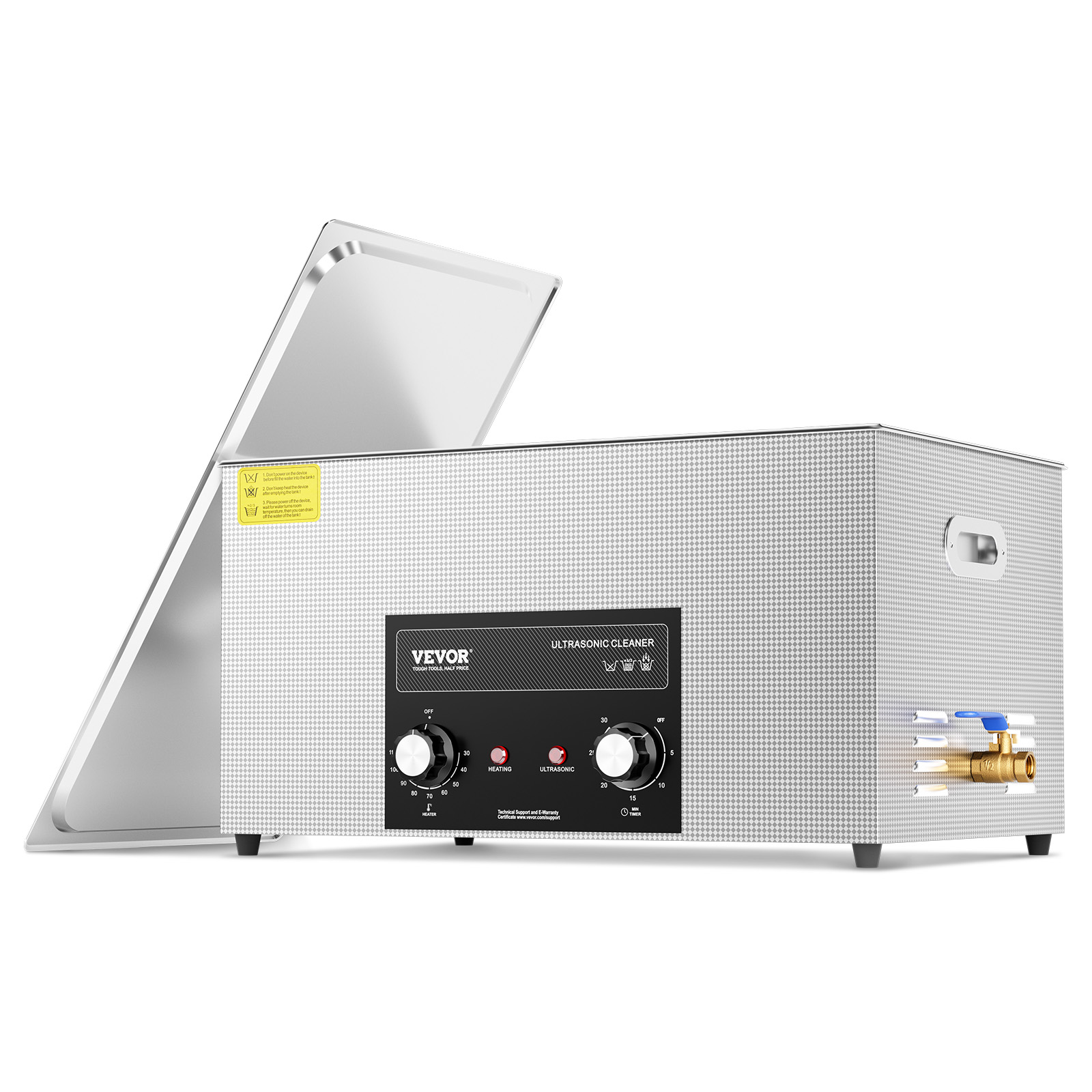 Limpiador ultrasónico plateado con panel de control negro, perillas e indicadores.