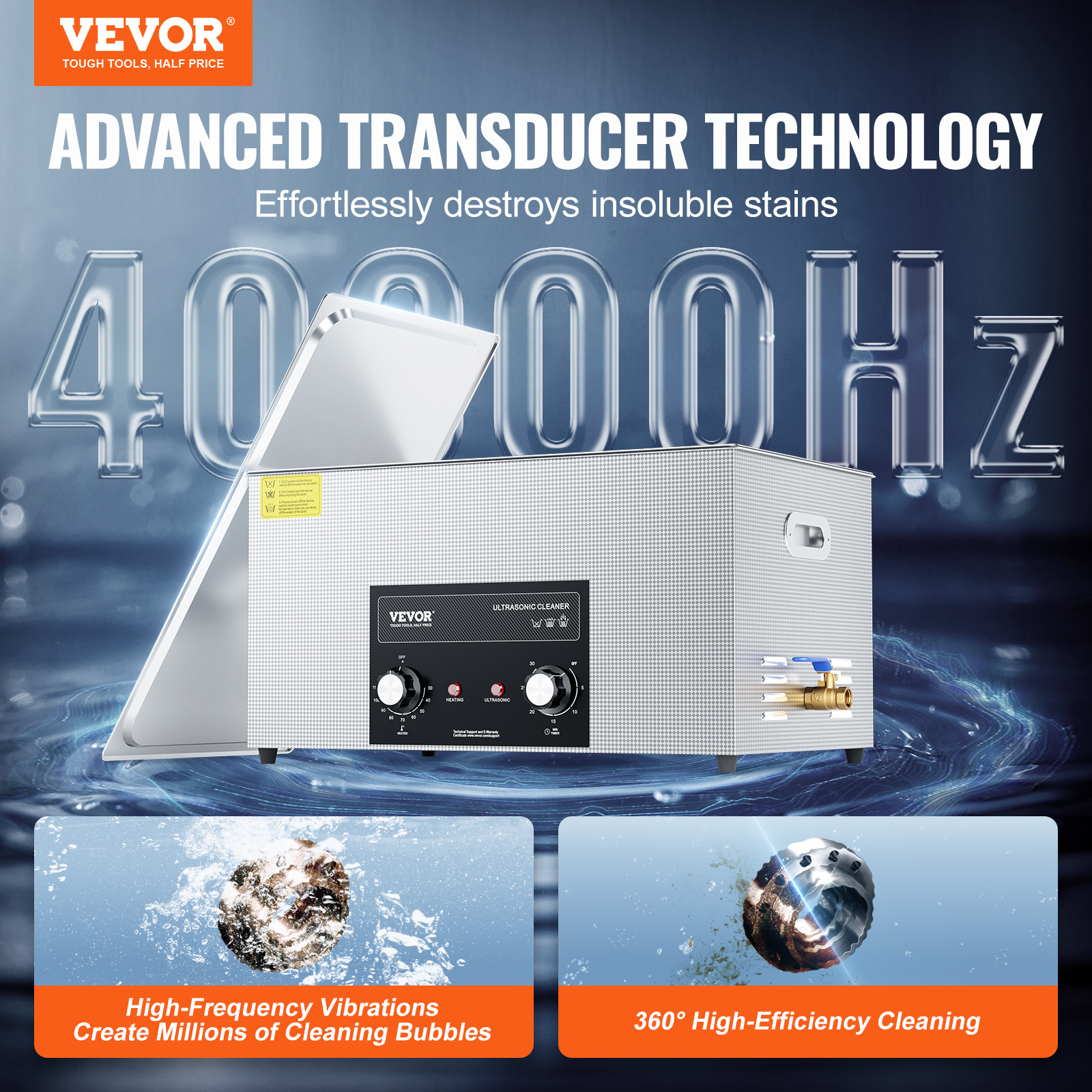 Limpiador ultrasónico VEVOR de 40000Hz, mostrando limpieza 360°.