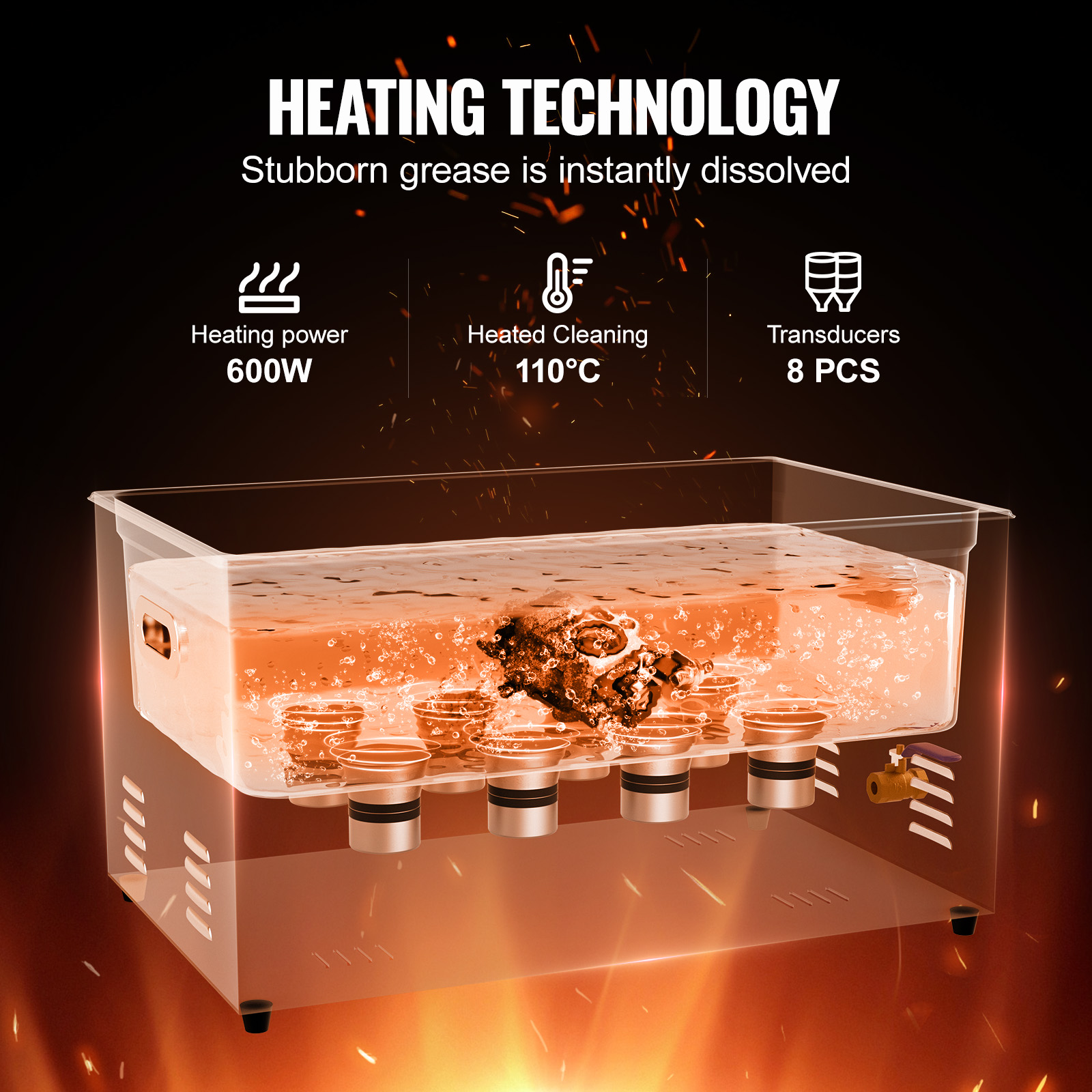 Limpiador ultrasónico con 600W de potencia, 110°C, 8 transductores.