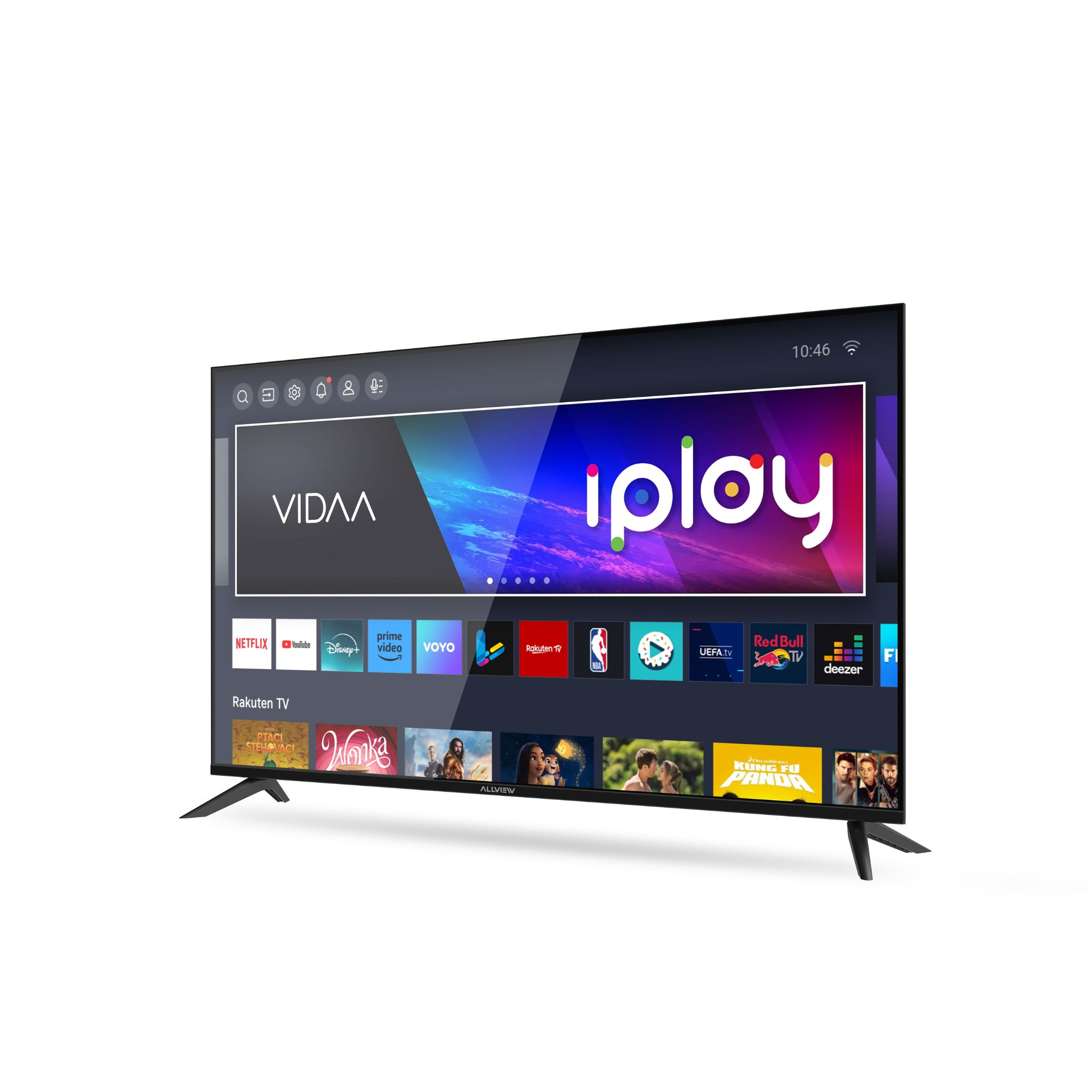 Une TV moderne affichant un menu Smart TV avec des applications comme Netflix, YouTube et iPlay.