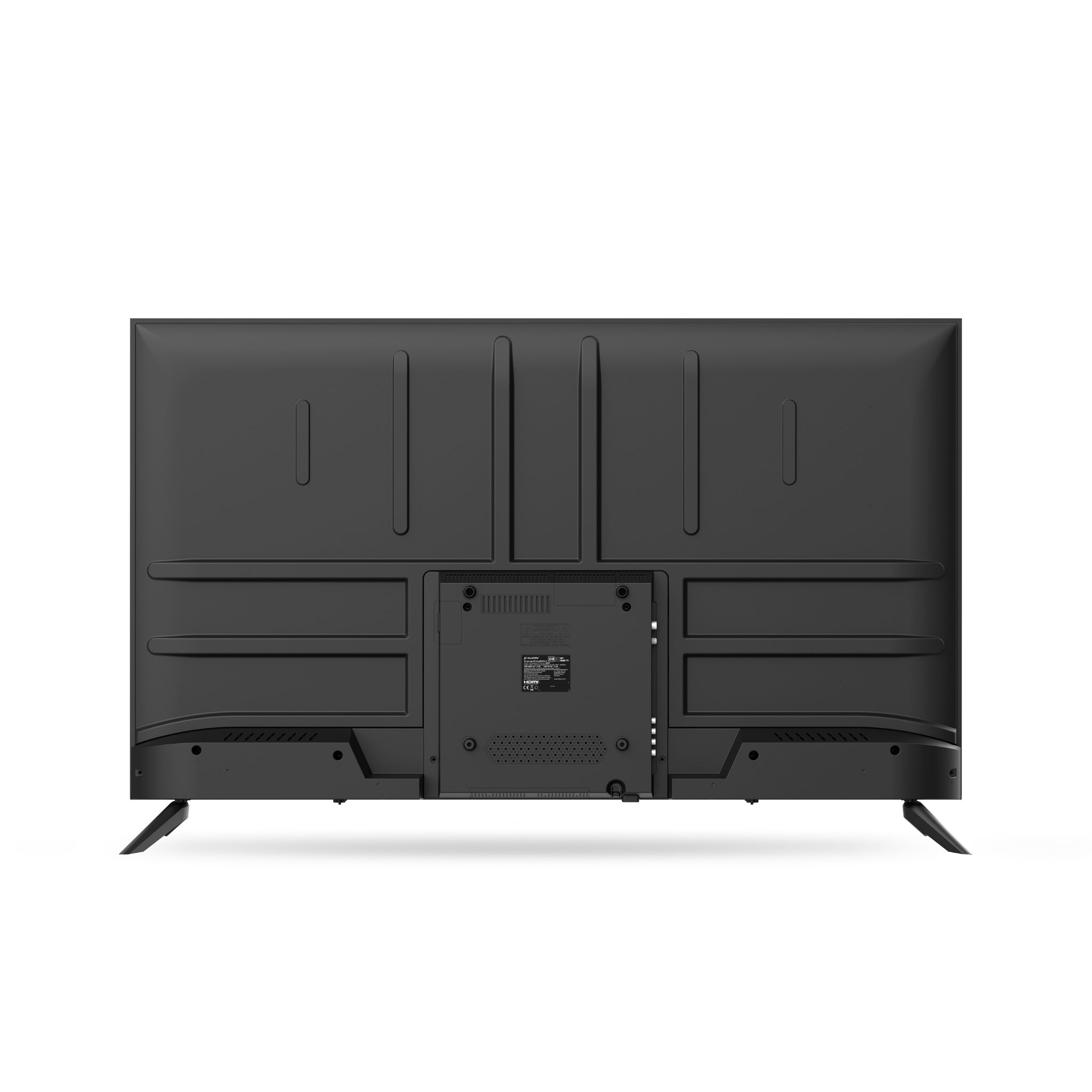 Vue arrière d'un téléviseur noir avec pieds et ports.
