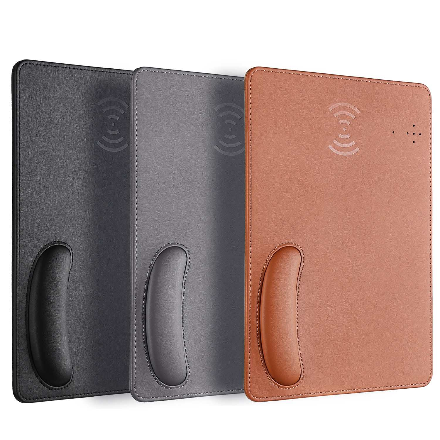 Drei rechteckige Mousepads in Grau, Dunkelgrau und Braun mit integrierter Handgelenkauflage.