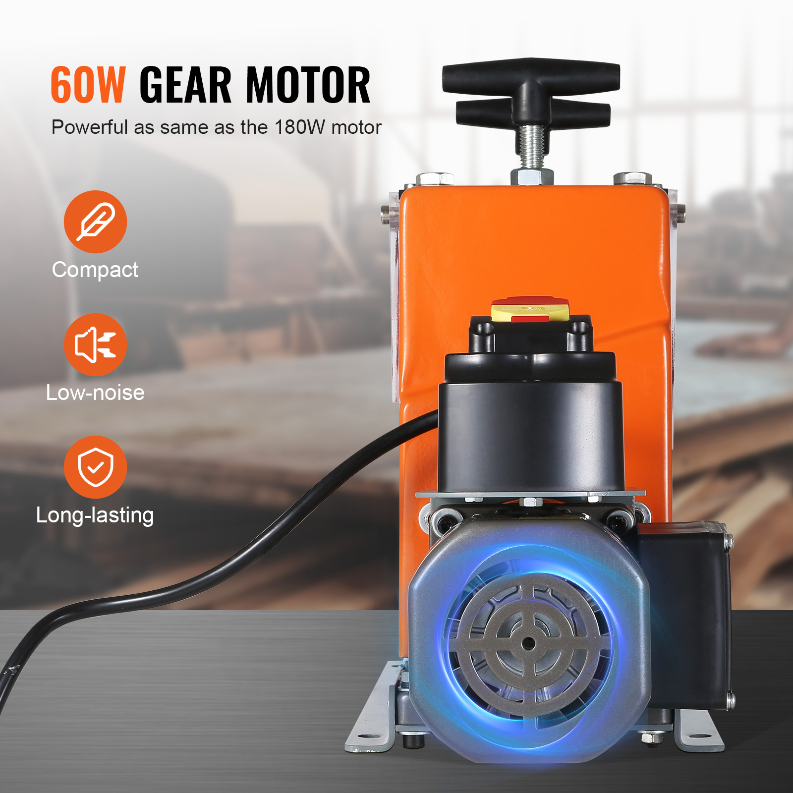 Ein orangefarbener Getriebemotor mit schwarzem Kabel und Bedienelementen.