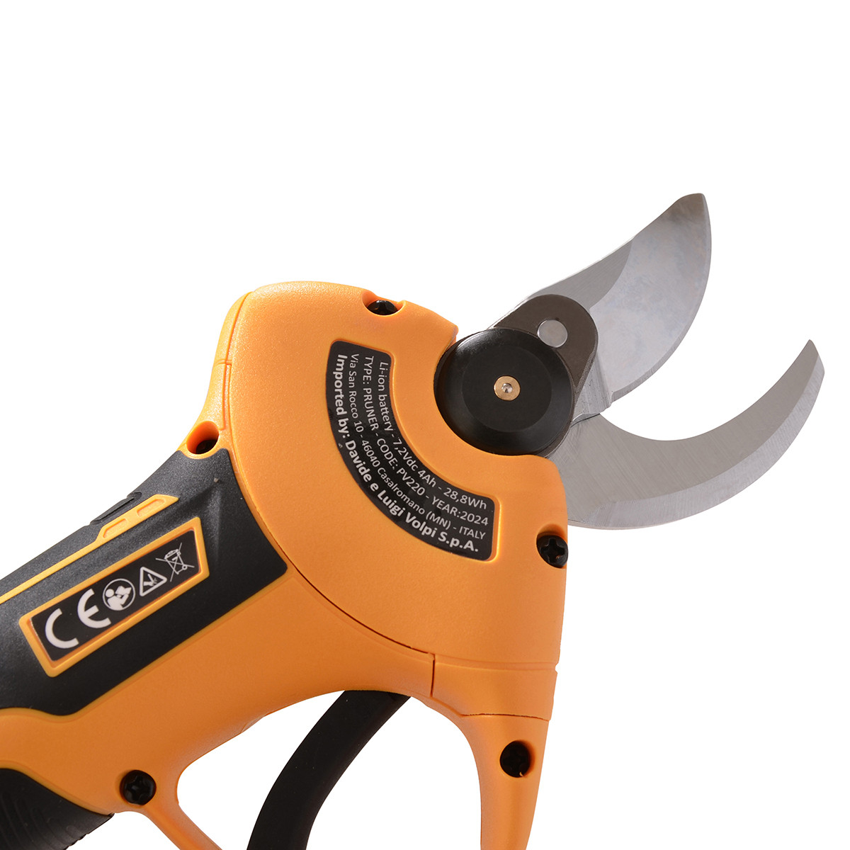 Pomarańczowe nożyce do przycinania ze srebrnymi ostrzami i czarnymi detalami.