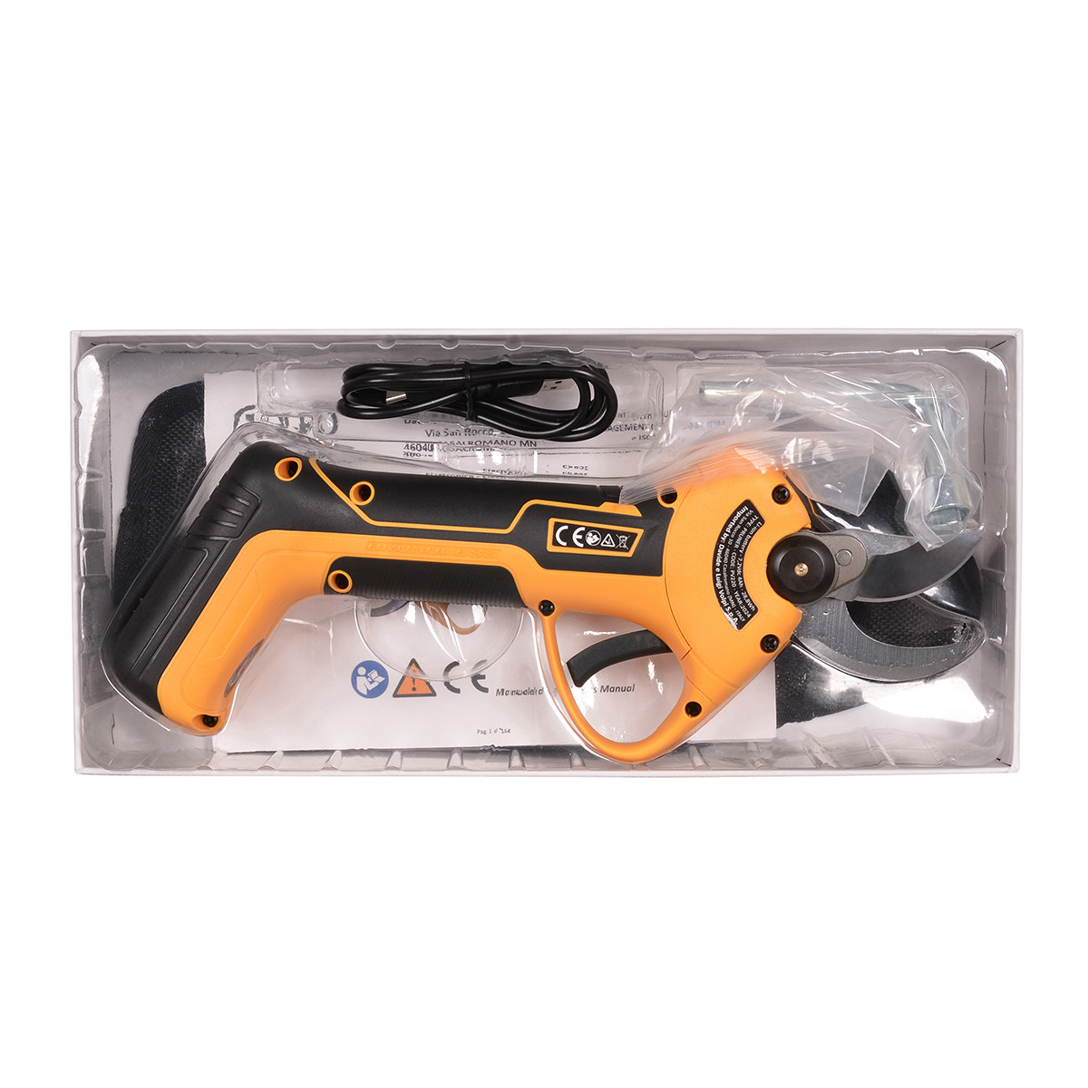 Pomarańczowo-czarne elektryczne nożyce do przycinania, zapakowane z kablem i instrukcją.