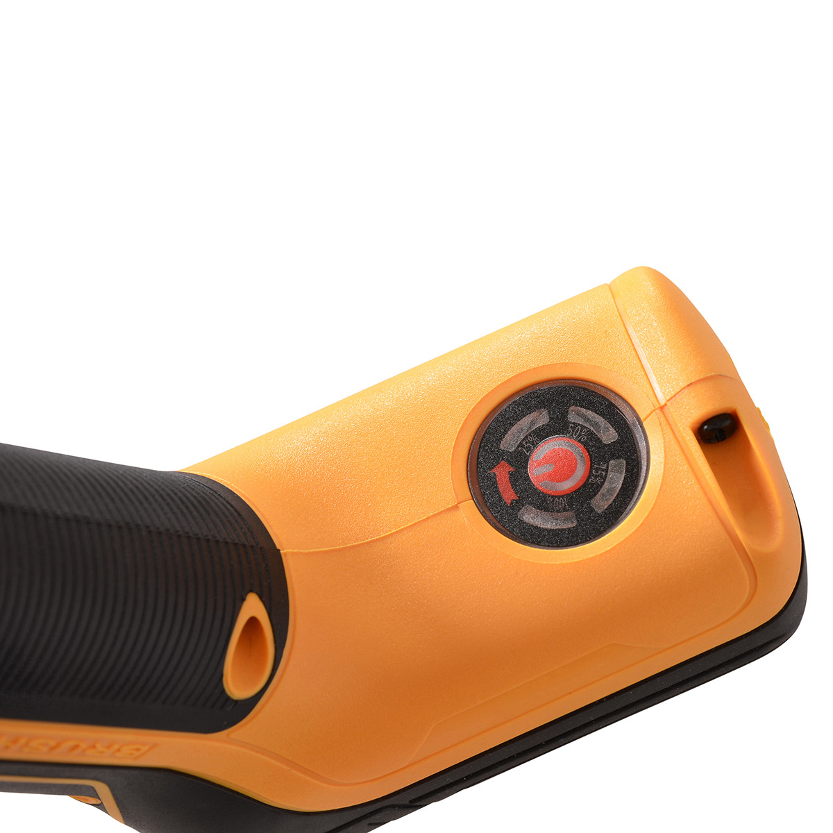 Zbliżenie pomarańczowego narzędzia z czarnym uchwytem i pokrętłem z procentami.