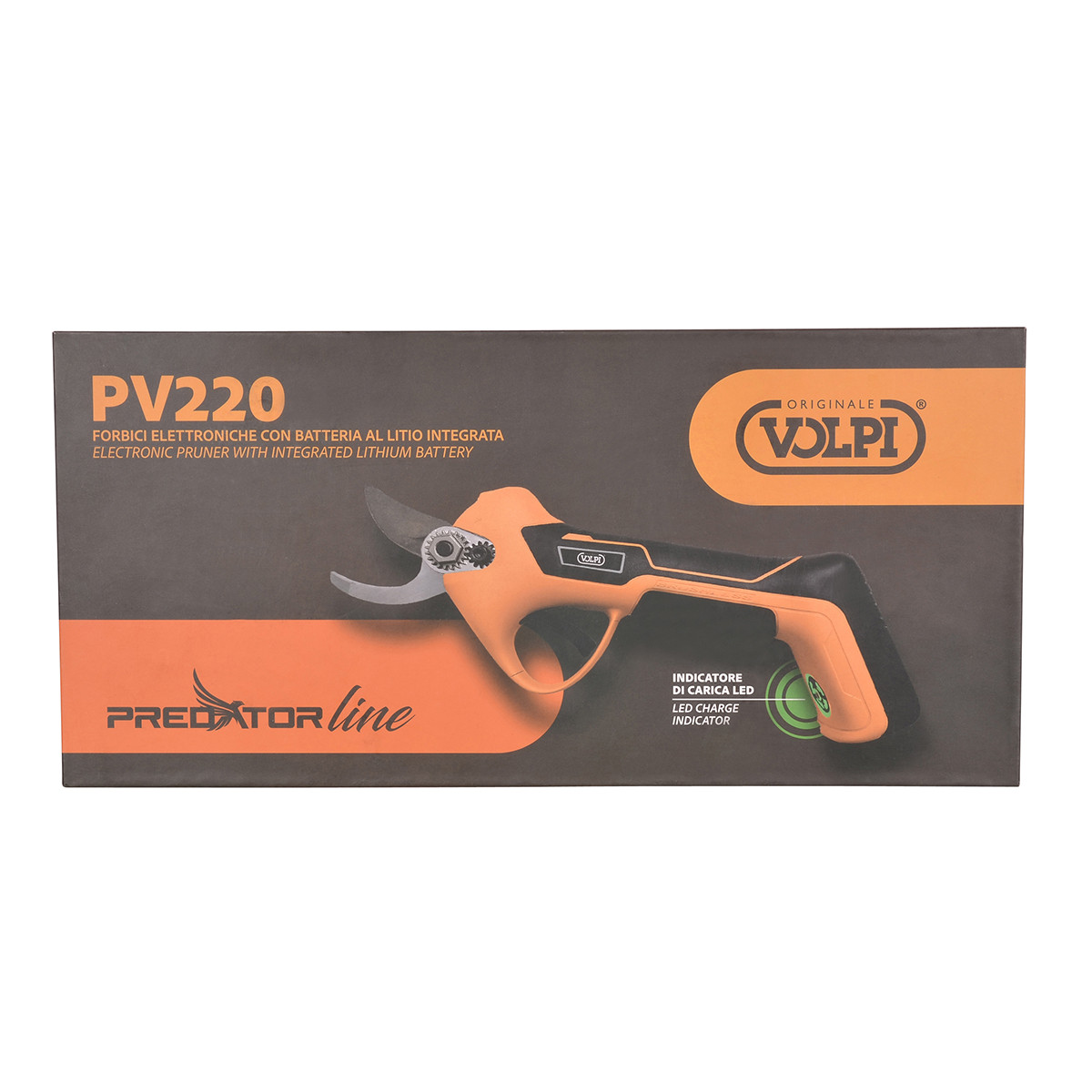 Pomarańczowo-czarne sekatory elektroniczne PV220 ze wskaźnikiem LED.