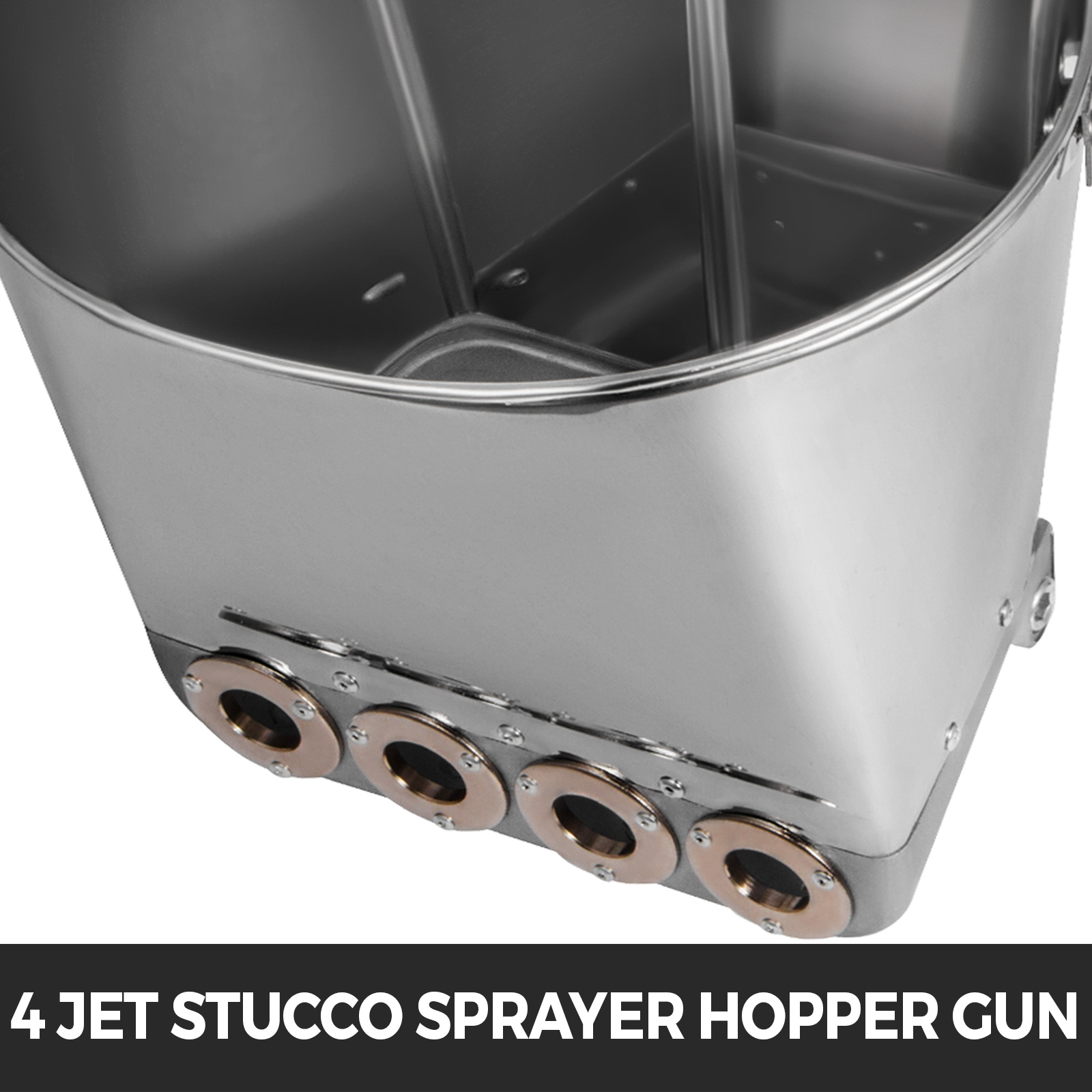 Ein glänzender Metall-Stucco-Sprühbehälter mit vier Düsen und Griffen.