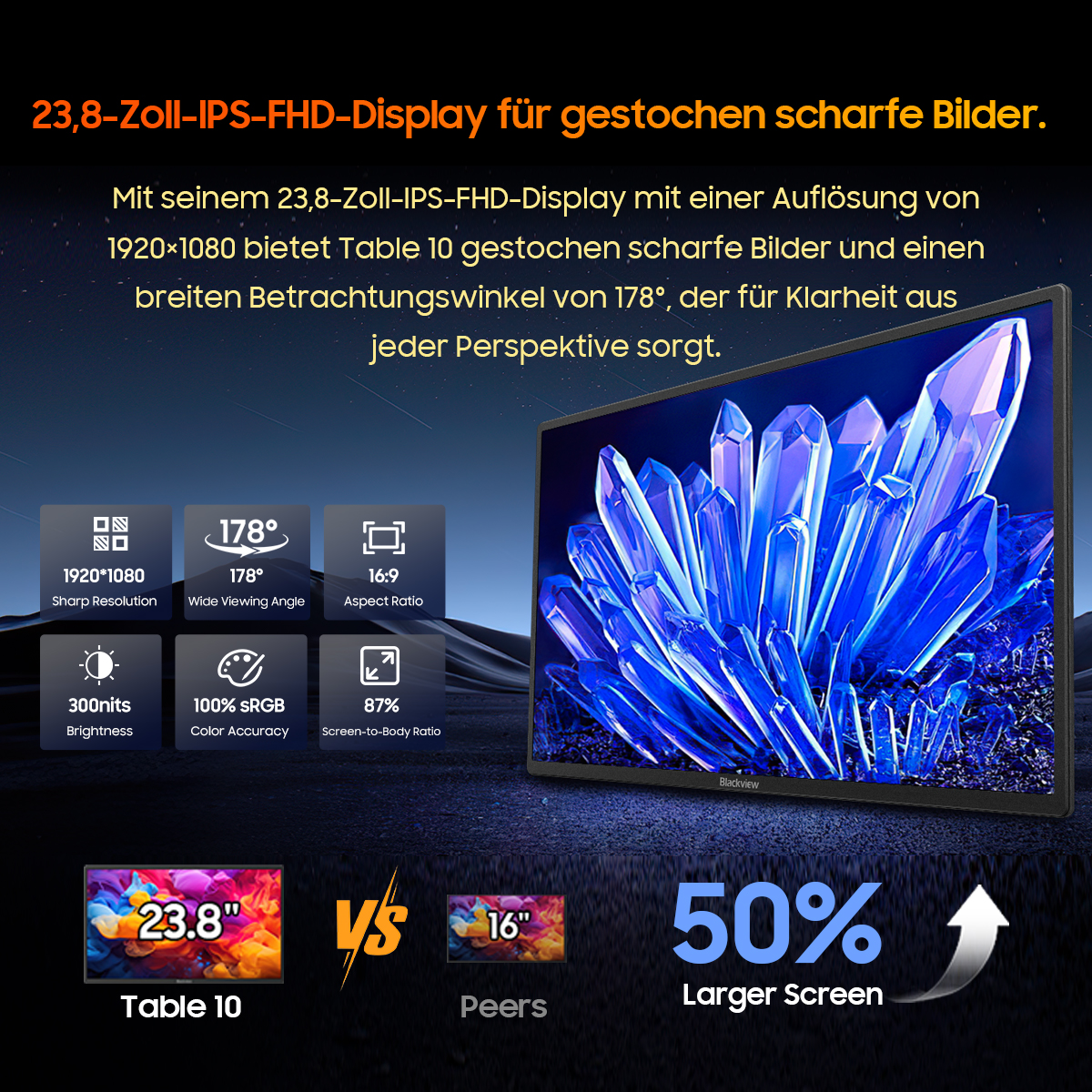 Ein 23,8-Zoll-FHD-Display mit blauen Kristallbildern. Spezifikationen sind aufgeführt.