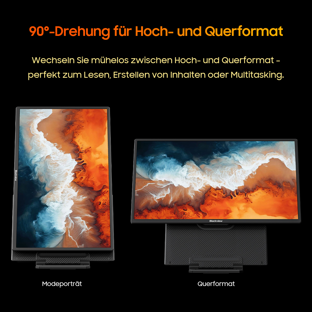 Ein Monitor im Hoch- und Querformat mit abstrakter Kunst. 90° Drehung.