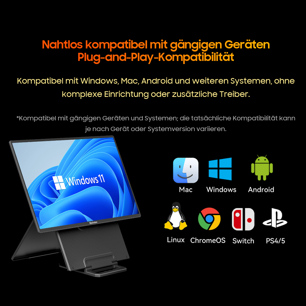 Monitor mit Windows 11 und Logos für Mac, Windows, Android, Linux, ChromeOS, Switch, PS4/5.
