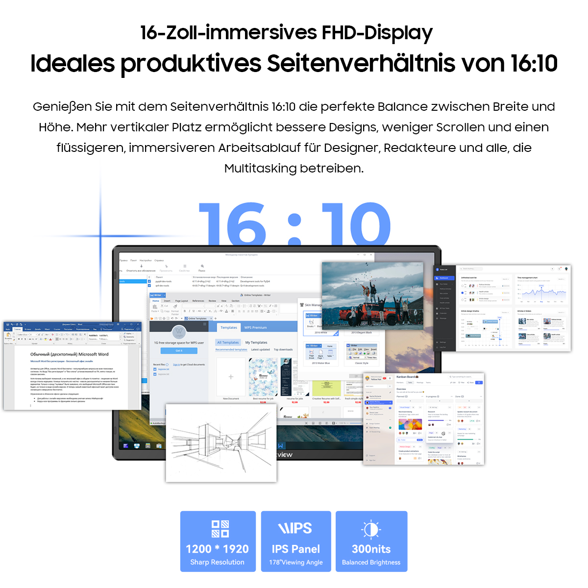 Ein Monitor zeigt verschiedene Programme, darunter Word und Tabellen, im 16:10 Format.