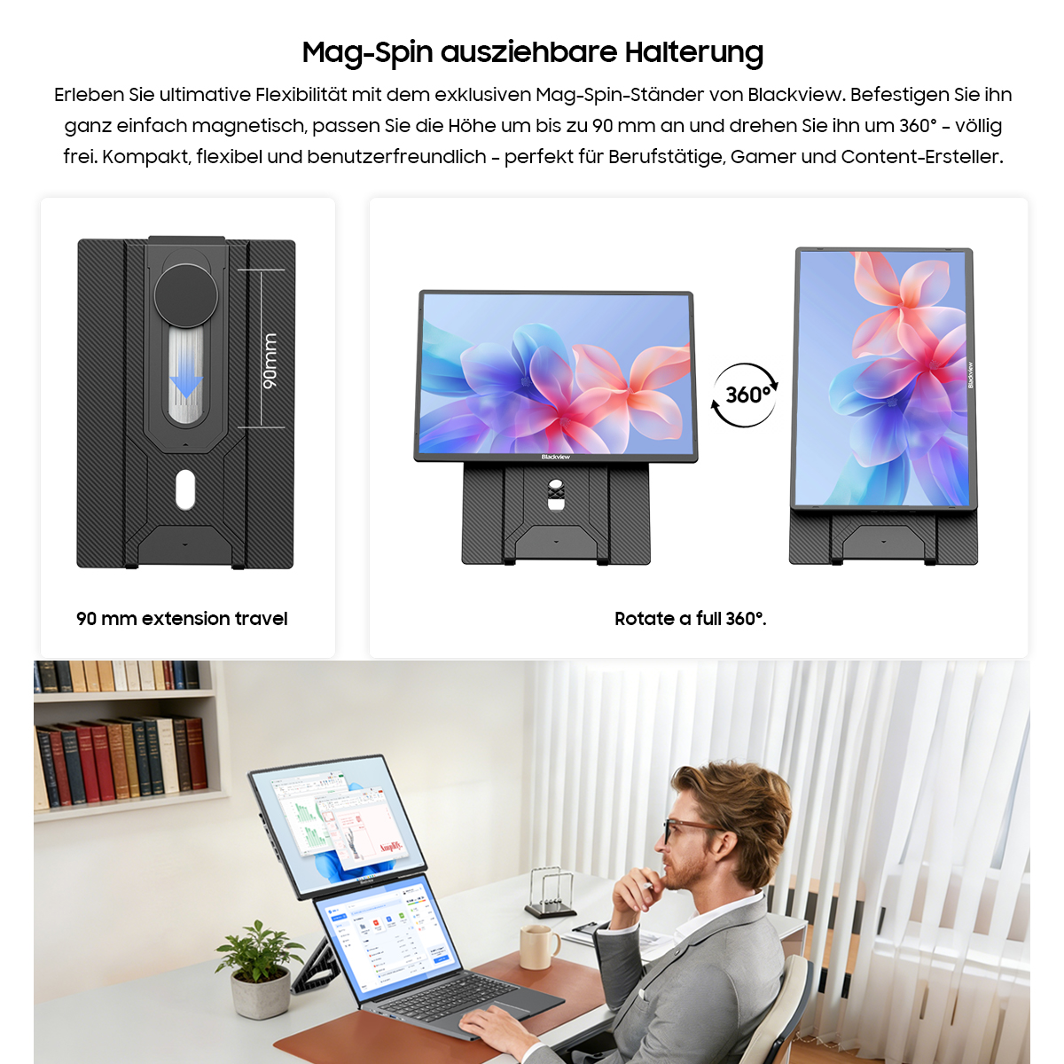 Magnetischer Ständer mit 90mm Verstellweg und 360° Drehung. Mann am Schreibtisch.